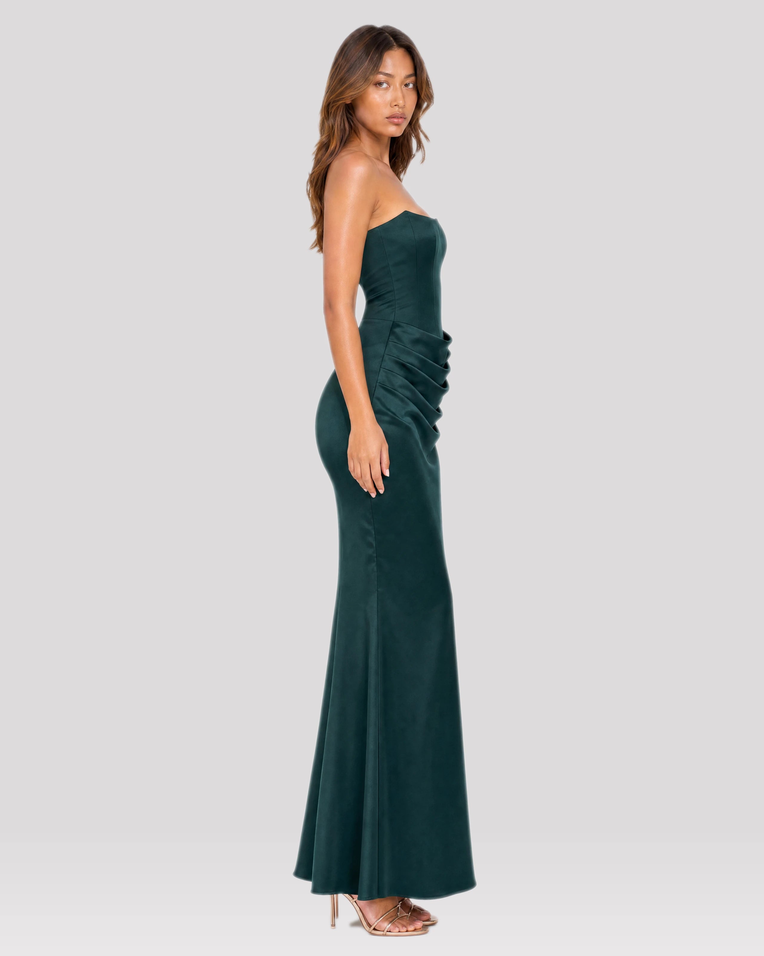 Ondine Forest Green satin maxi dress, side view