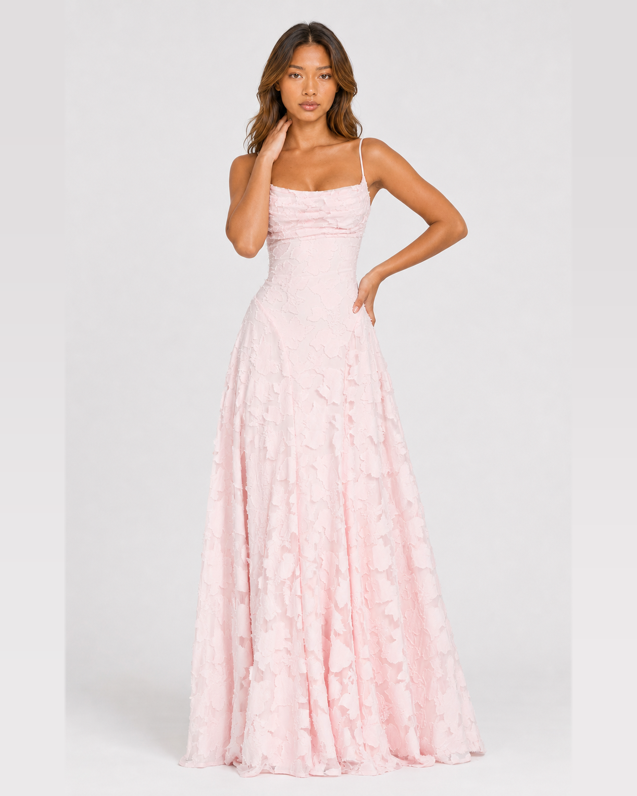 Cecily | Blush Pink Draped-Neck Floral Applique A-Line Maxi Dress with Lace-Up Back - Front full-body