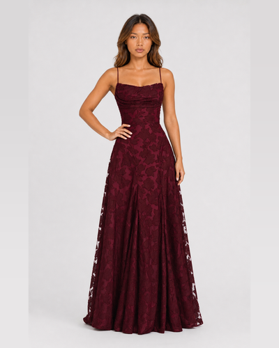 Cecily | Wine Red Cowl-Neck Floral-Appliqué Maxi Dress with Lace-Up Back