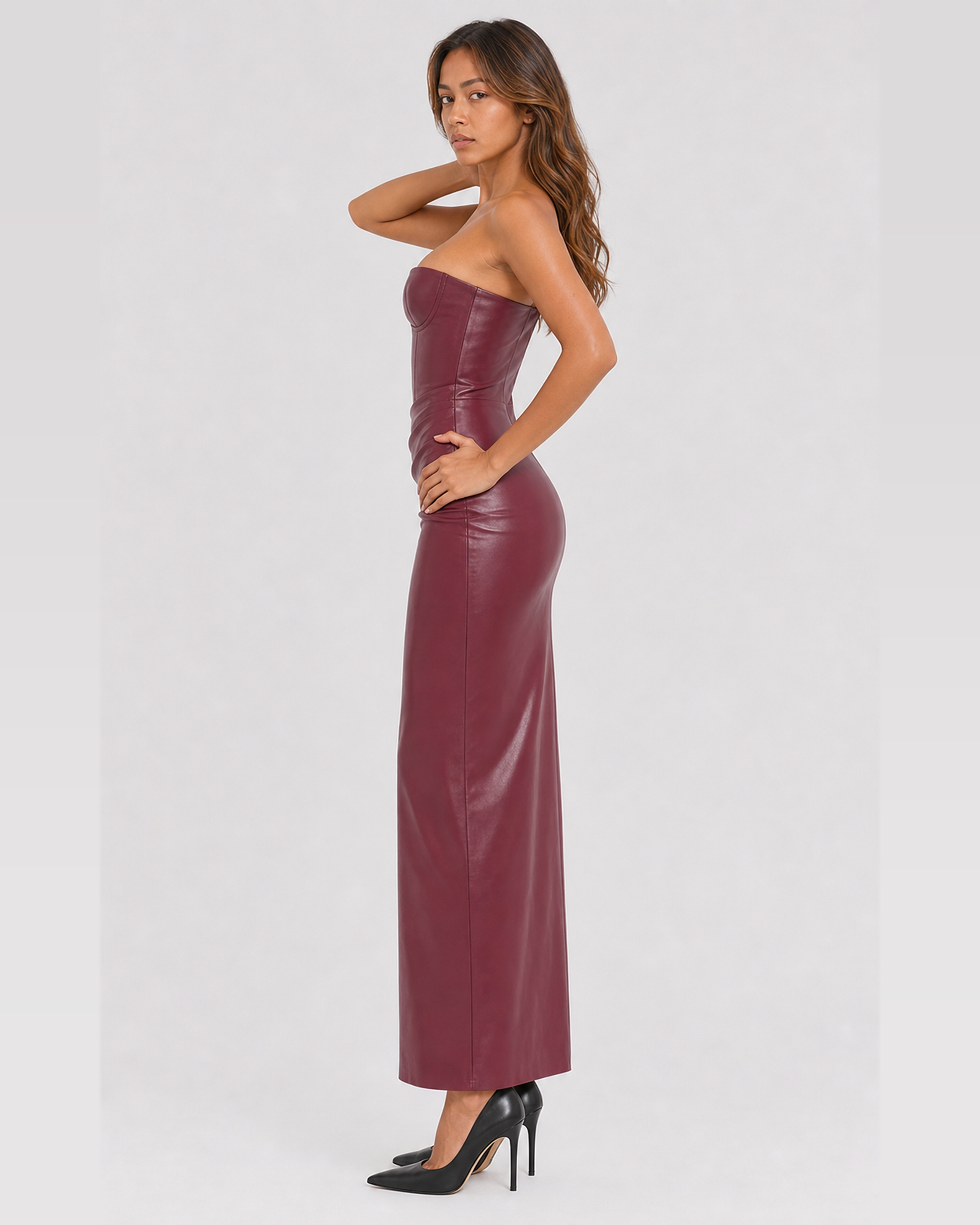 Lenora burgundy vegan-leather midi dress side view