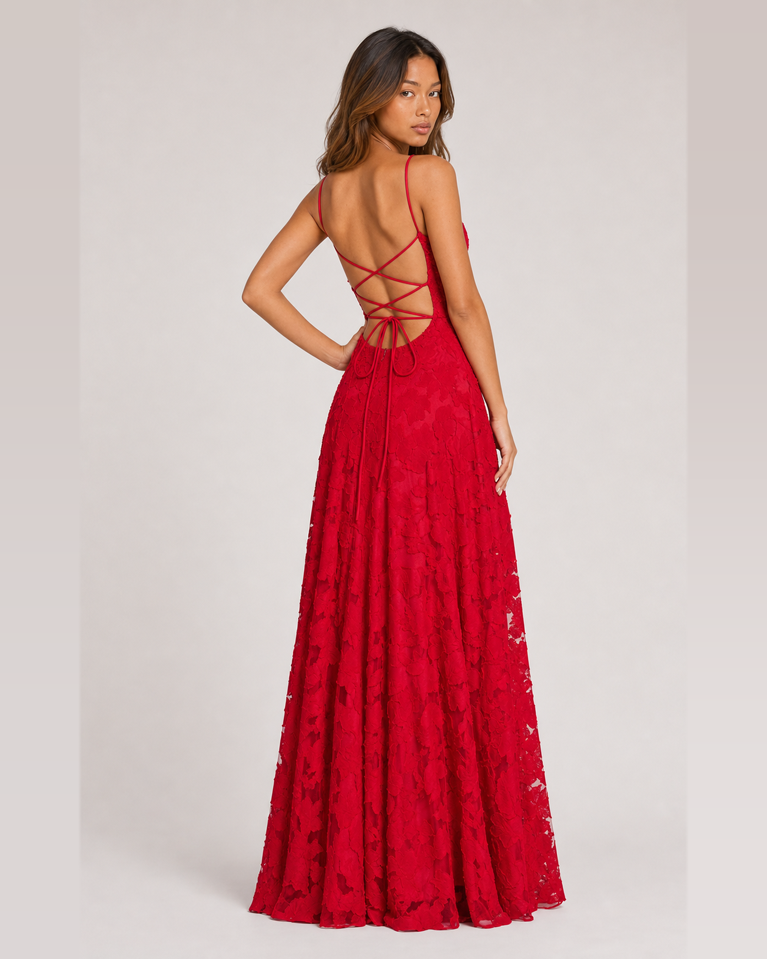 Cecily red floral applique maxi dress - lace-up back over shoulder