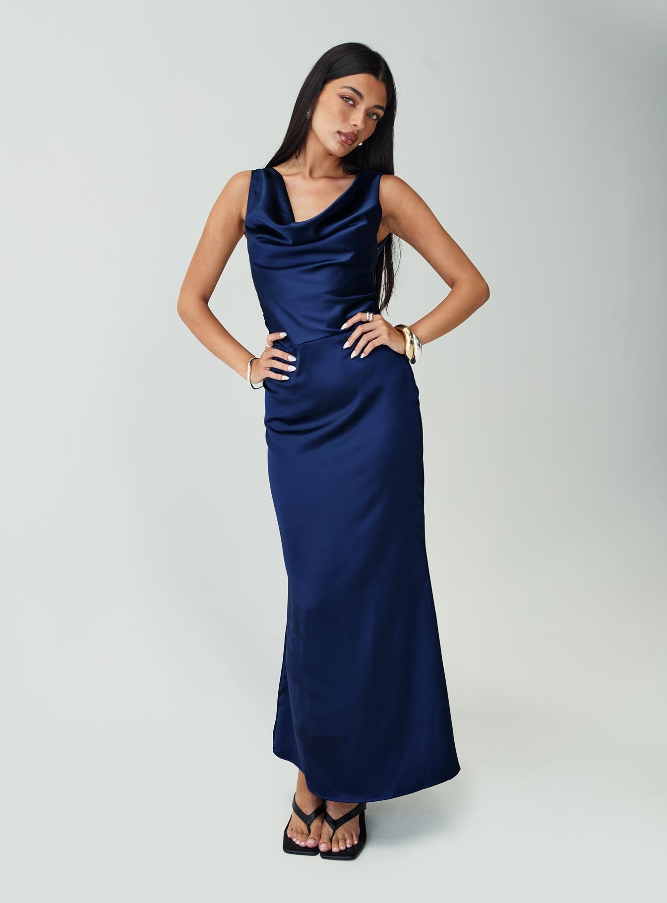 Sabine navy satin cowl neck maxi dress - front