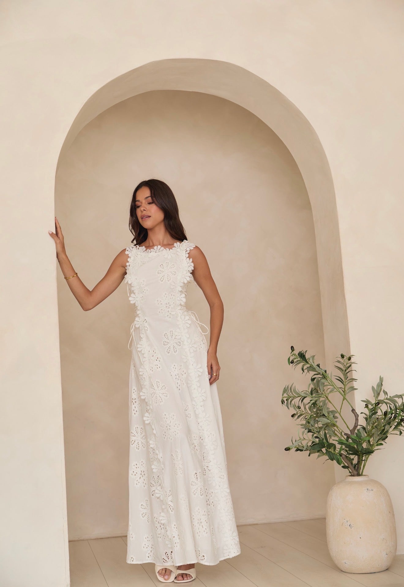 Clara | White Floral Eyelet Embroidered A-Line Maxi Dress with Lace-Up Sides