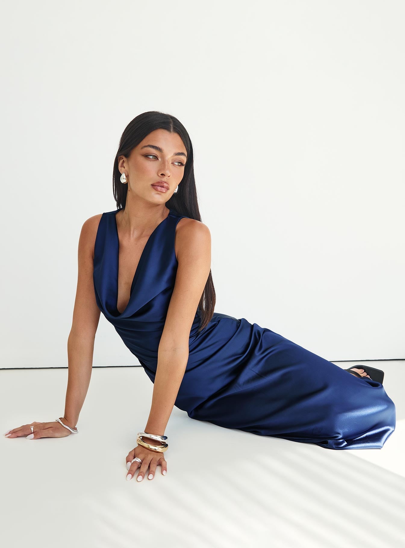 Sabine navy satin maxi dress - front three-quarter