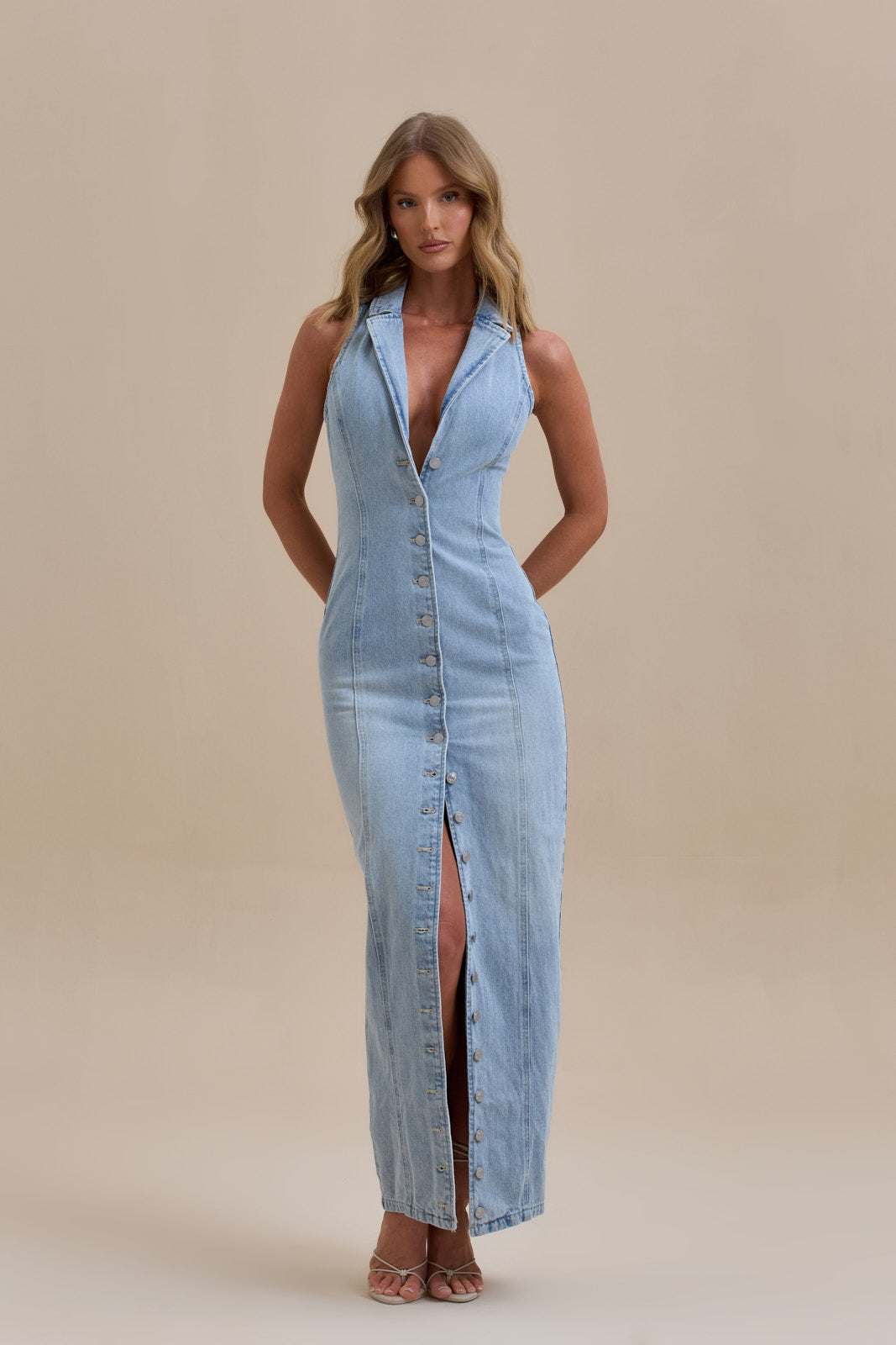 Hazel Doe Marlowe Mid Wash Blue Denim Halterneck Collar Maxi Dress 01