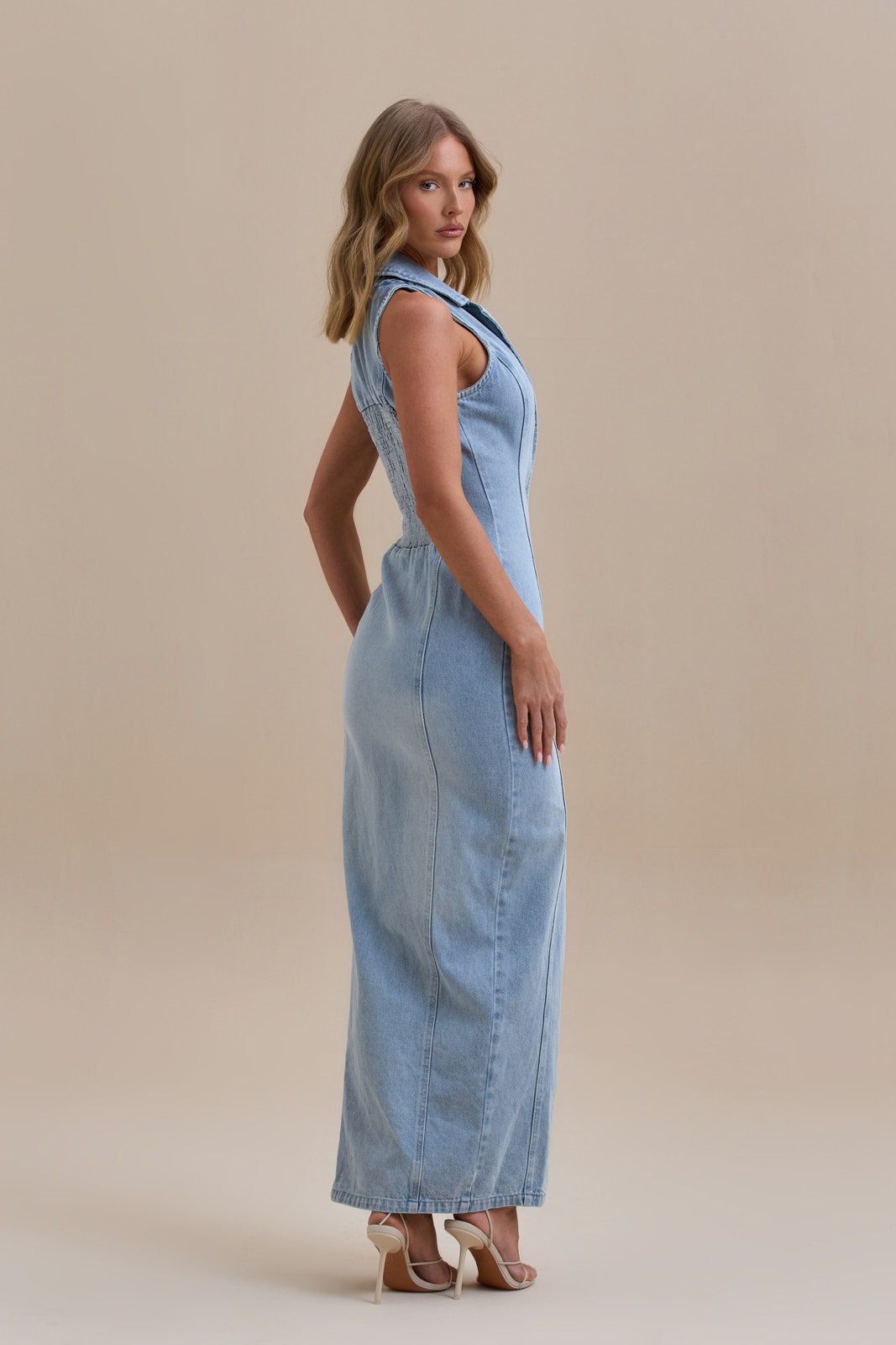 Hazel Doe Marlowe Mid Wash Blue Denim Halterneck Collar Maxi Dress 04