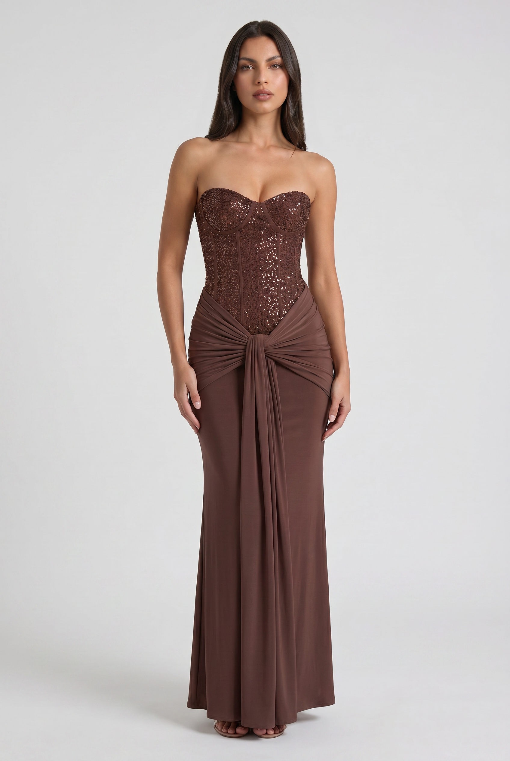 Camille plum brown sequin corset maxi dress - front