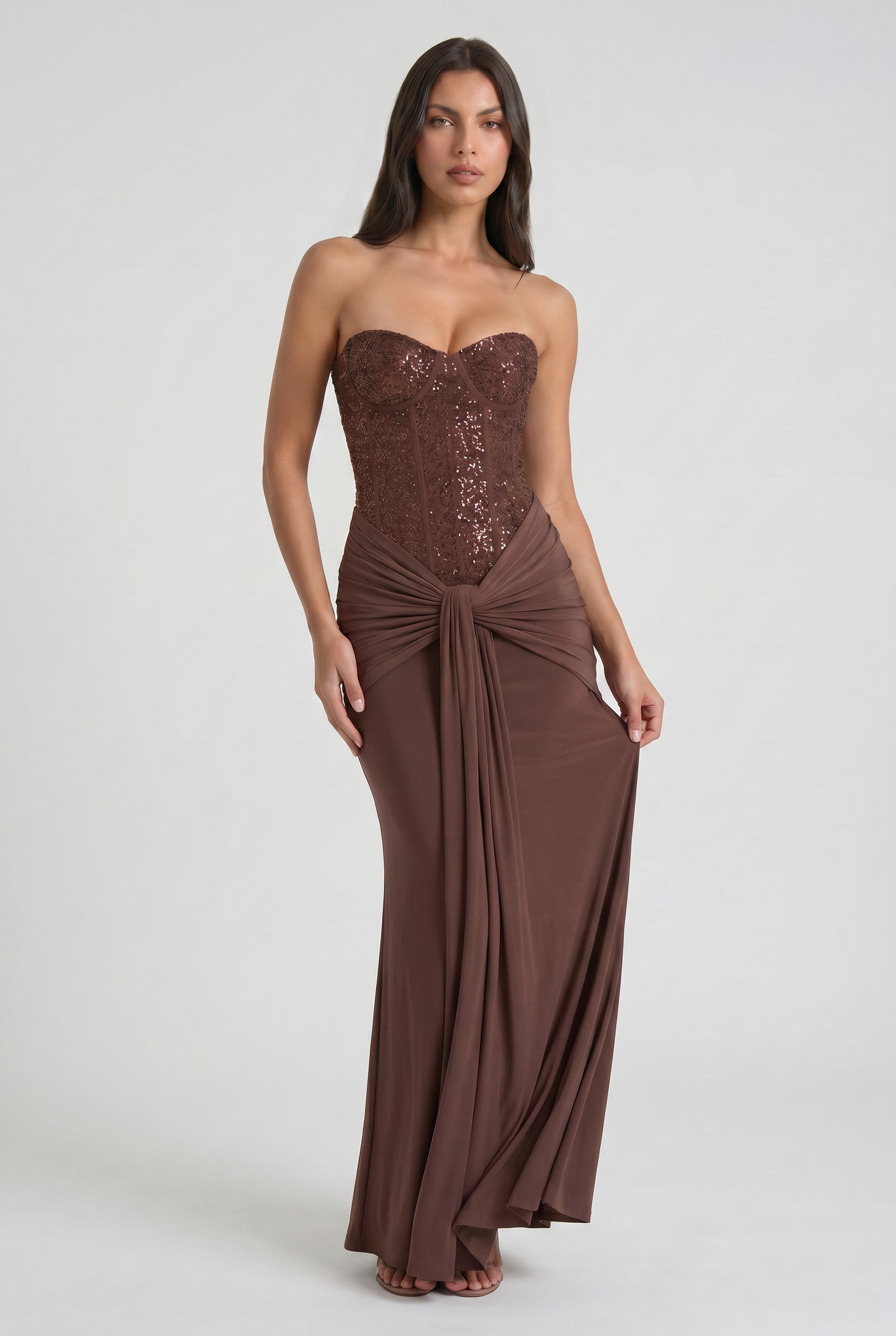 Camille plum brown sequin corset maxi dress - front three-quarter