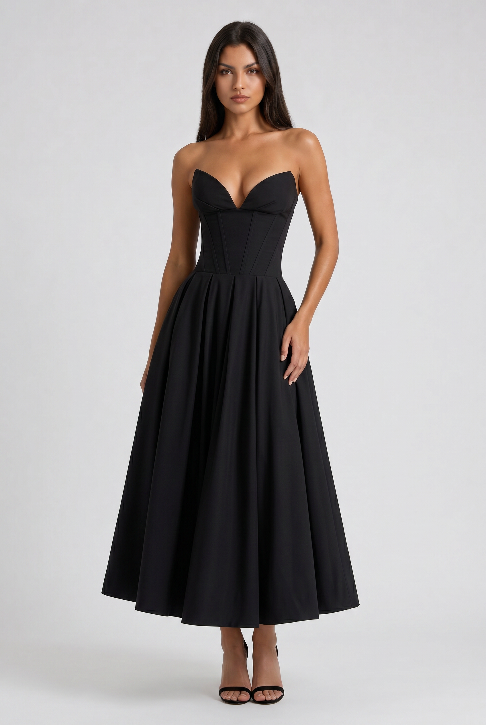 Adeline | Black Corset Midi Dress with Full Pleated Skirt