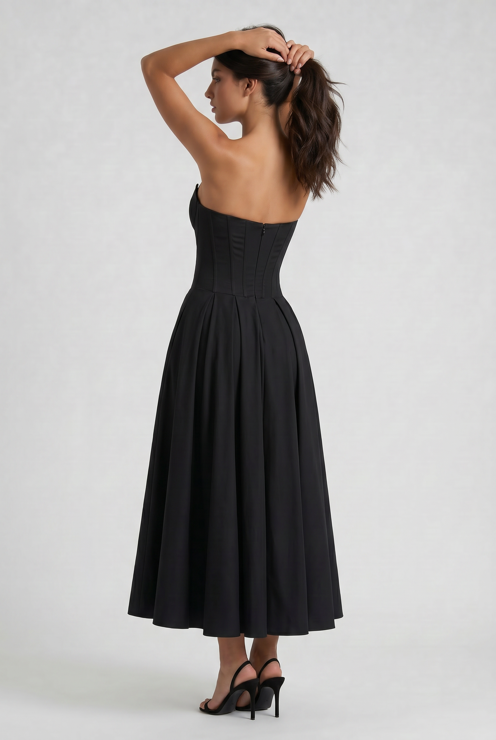 Adeline | Black Corset Midi Dress with Full Pleated Skirt
