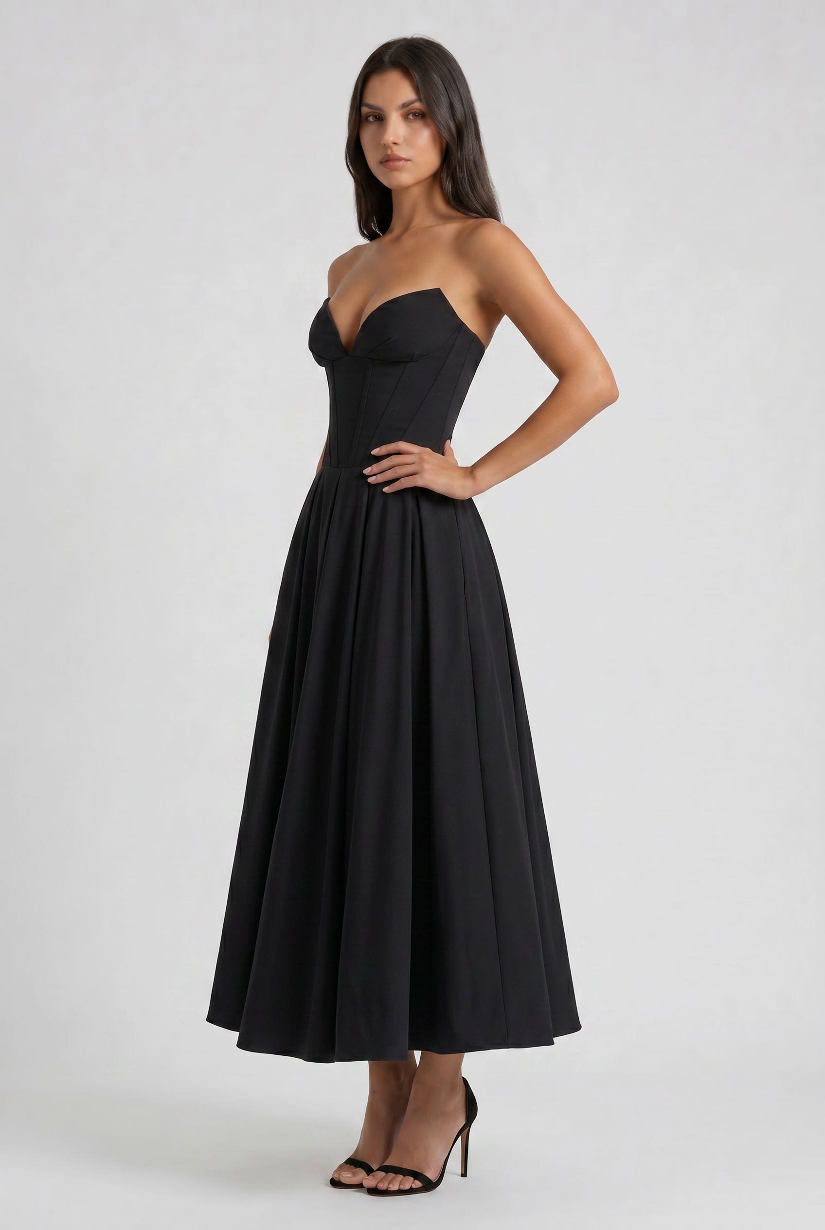 Adeline | Black Corset Midi Dress with Full Pleated Skirt