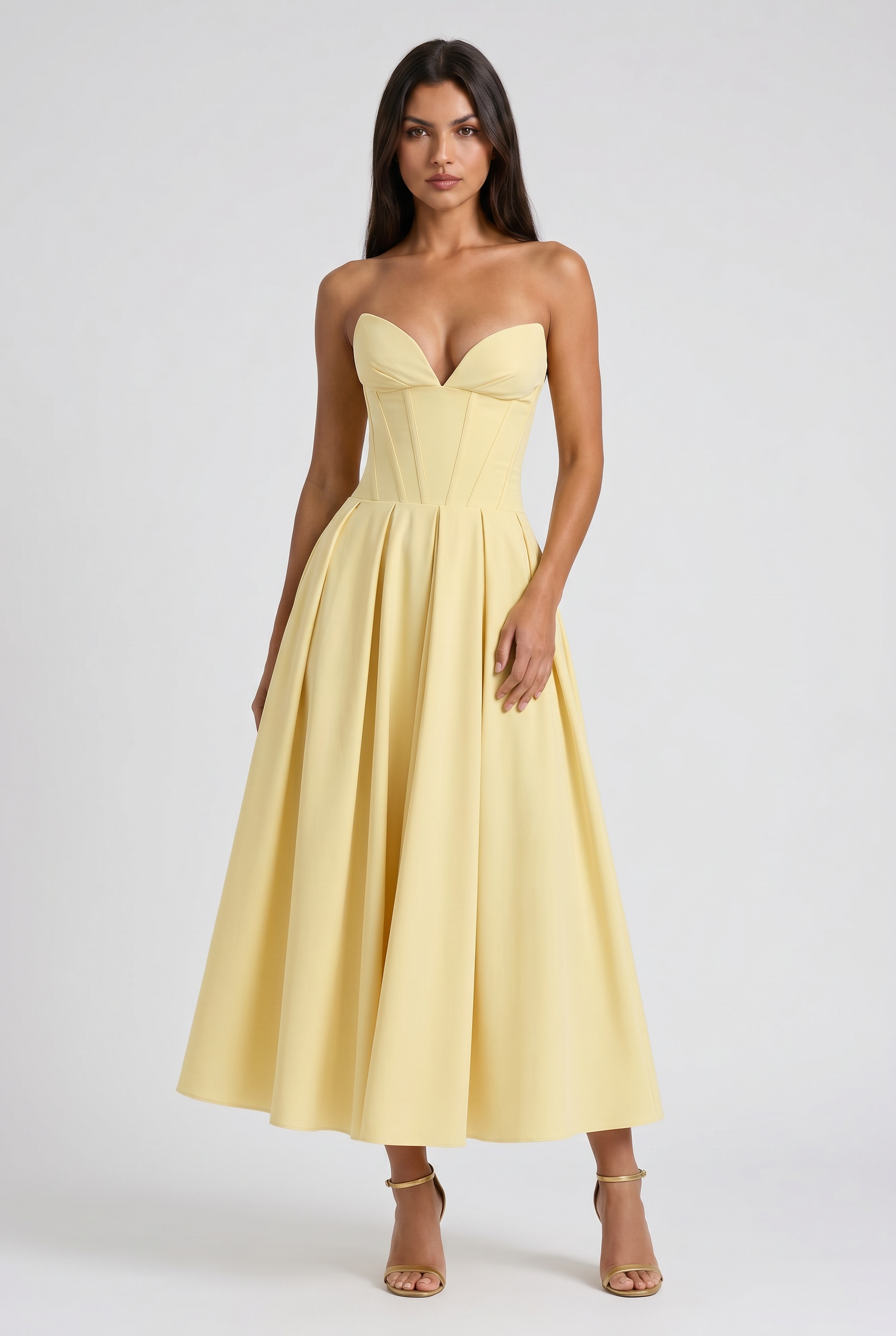 Adeline | Butter Yellow Corset Midi Dress with Full Pleated Skirt