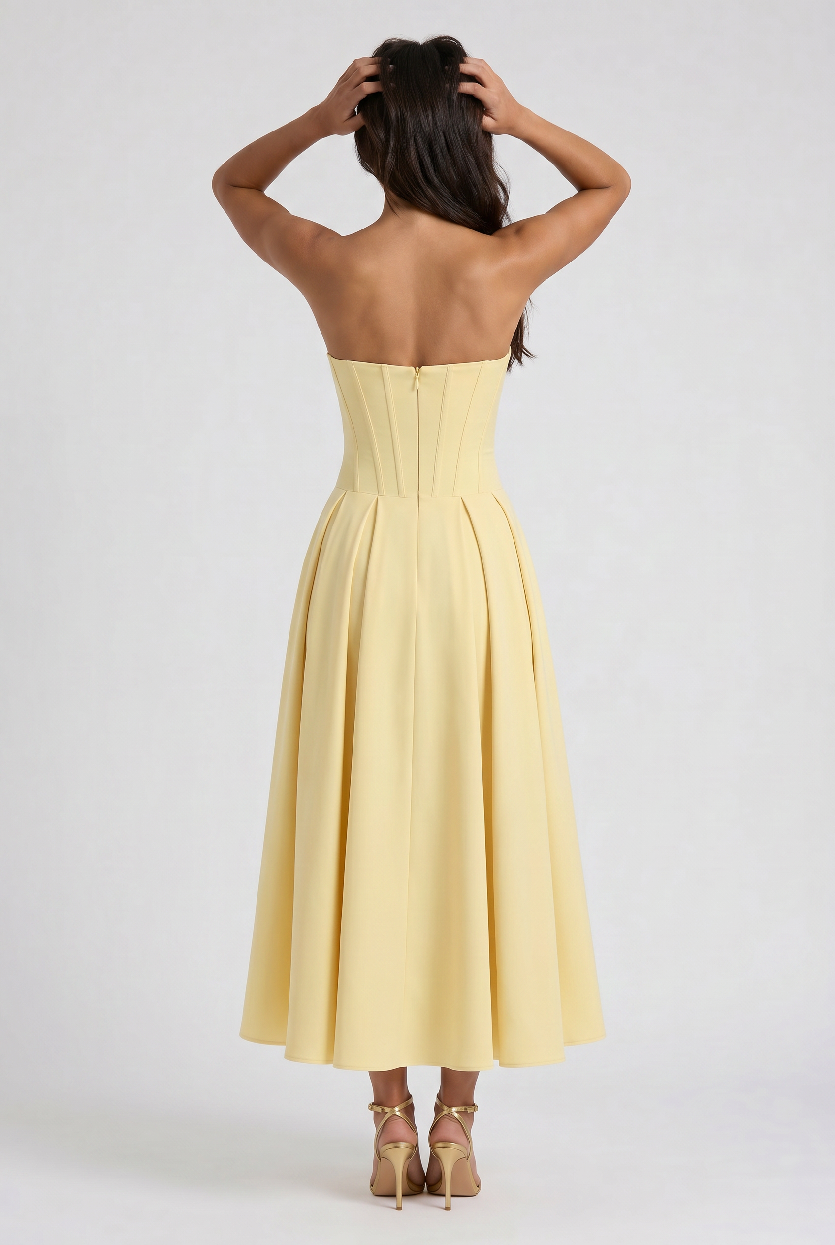 Adeline | Butter Yellow Corset Midi Dress with Full Pleated Skirt