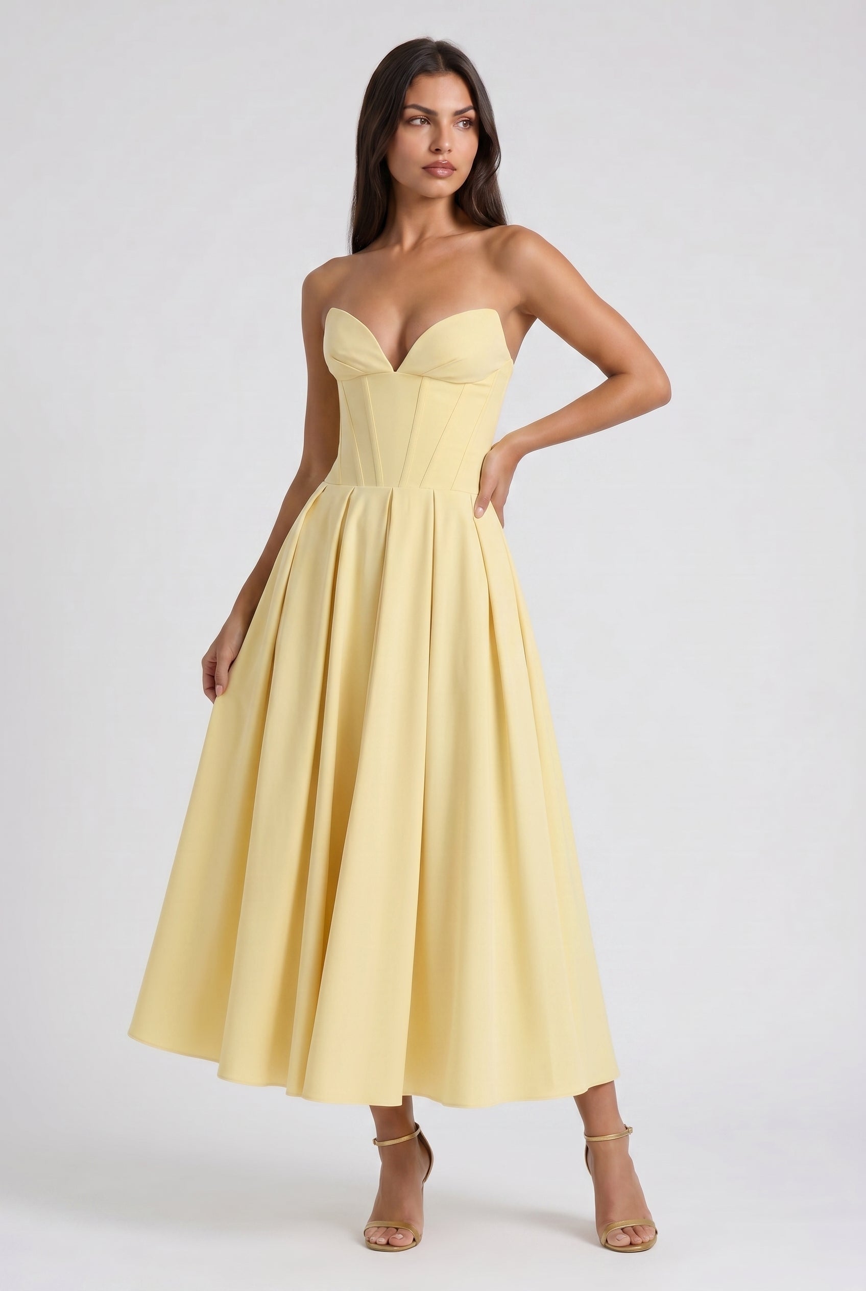 Adeline | Butter Yellow Corset Midi Dress with Full Pleated Skirt