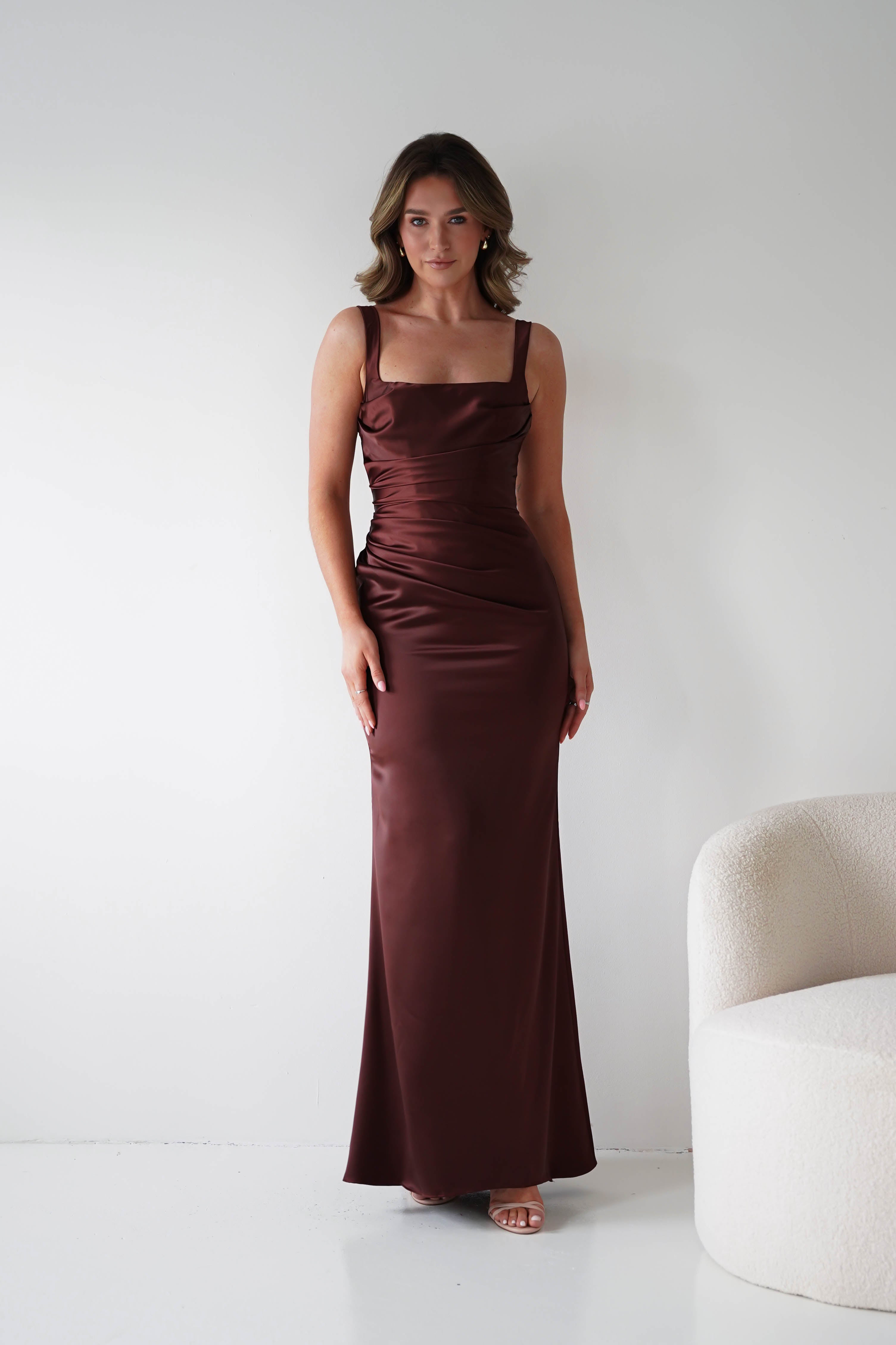 Nora brown satin column maxi gown - full length