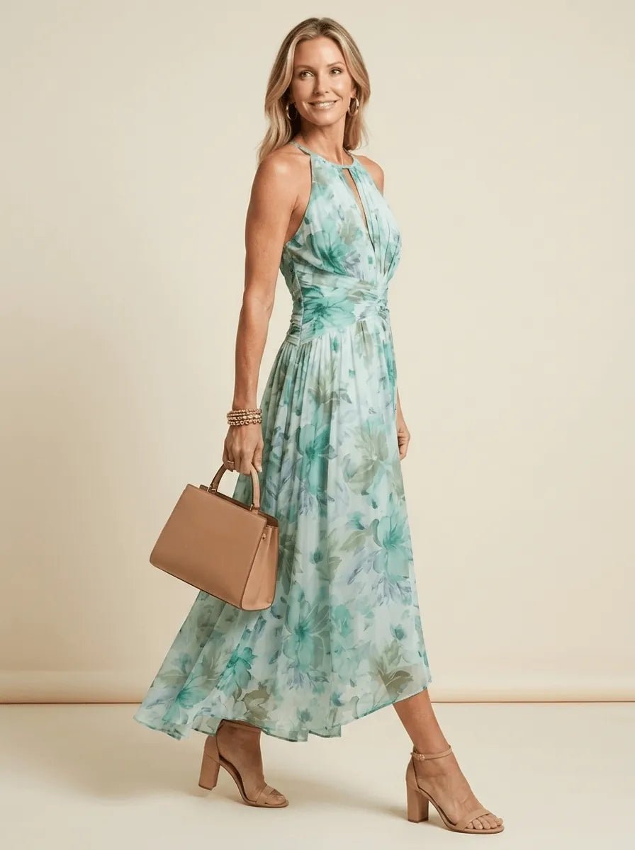 Alma | Pleated Halter Floral Midi Dress - Tillybelle