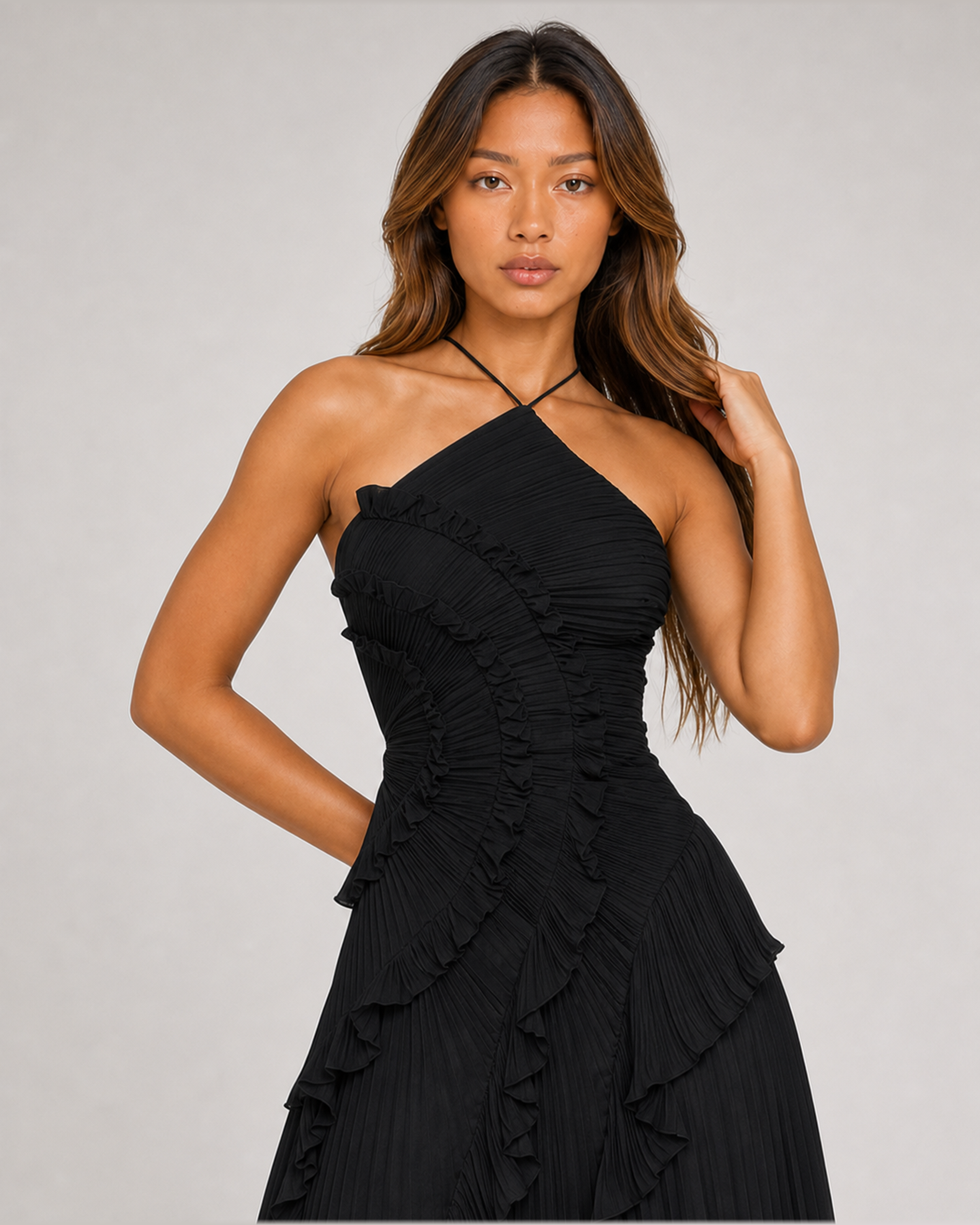 Aveline Black maxi dress, front close-up of pleated bodice and ruffles