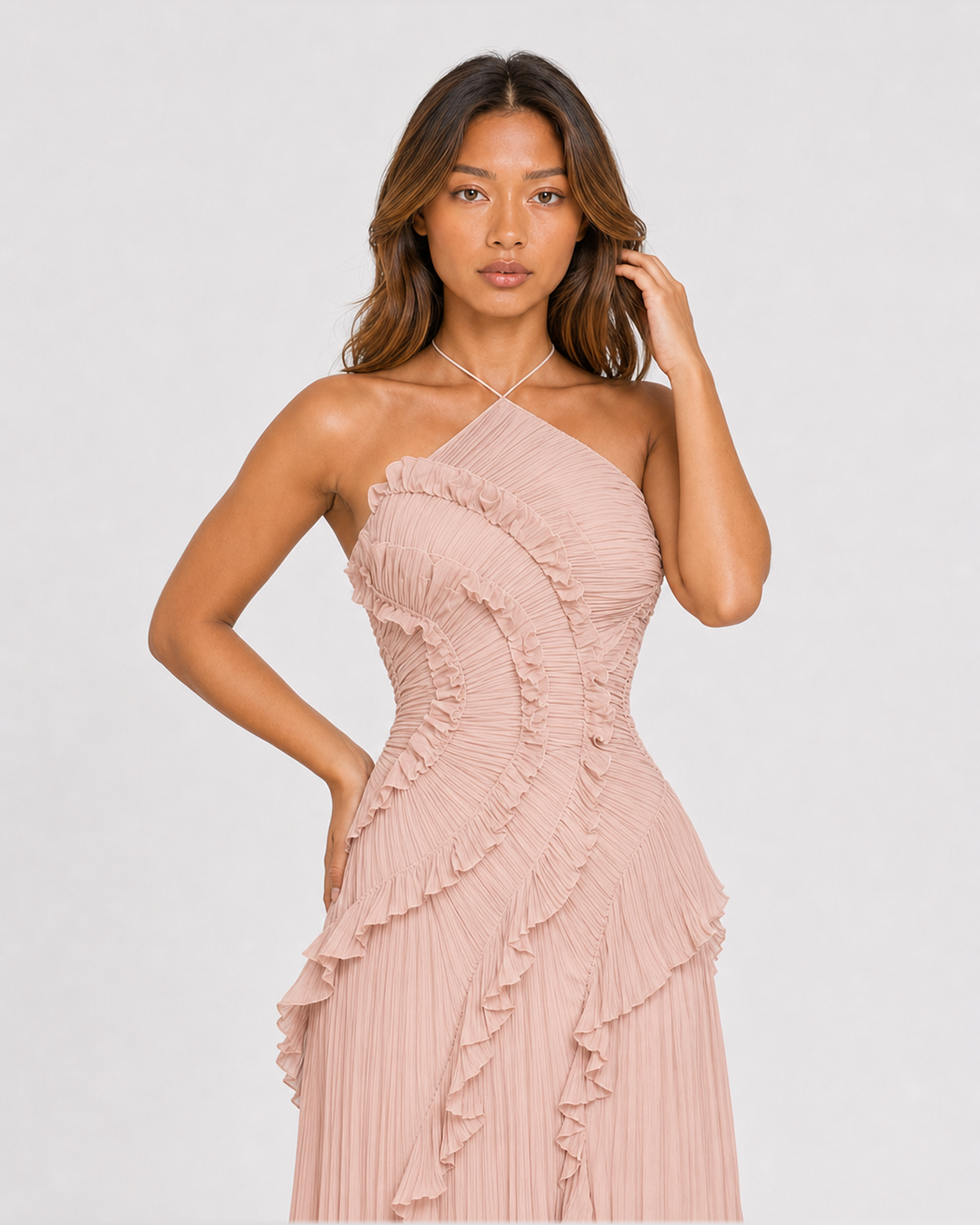 Aveline Pink maxi dress, front close-up of pleated bodice and ruffles
