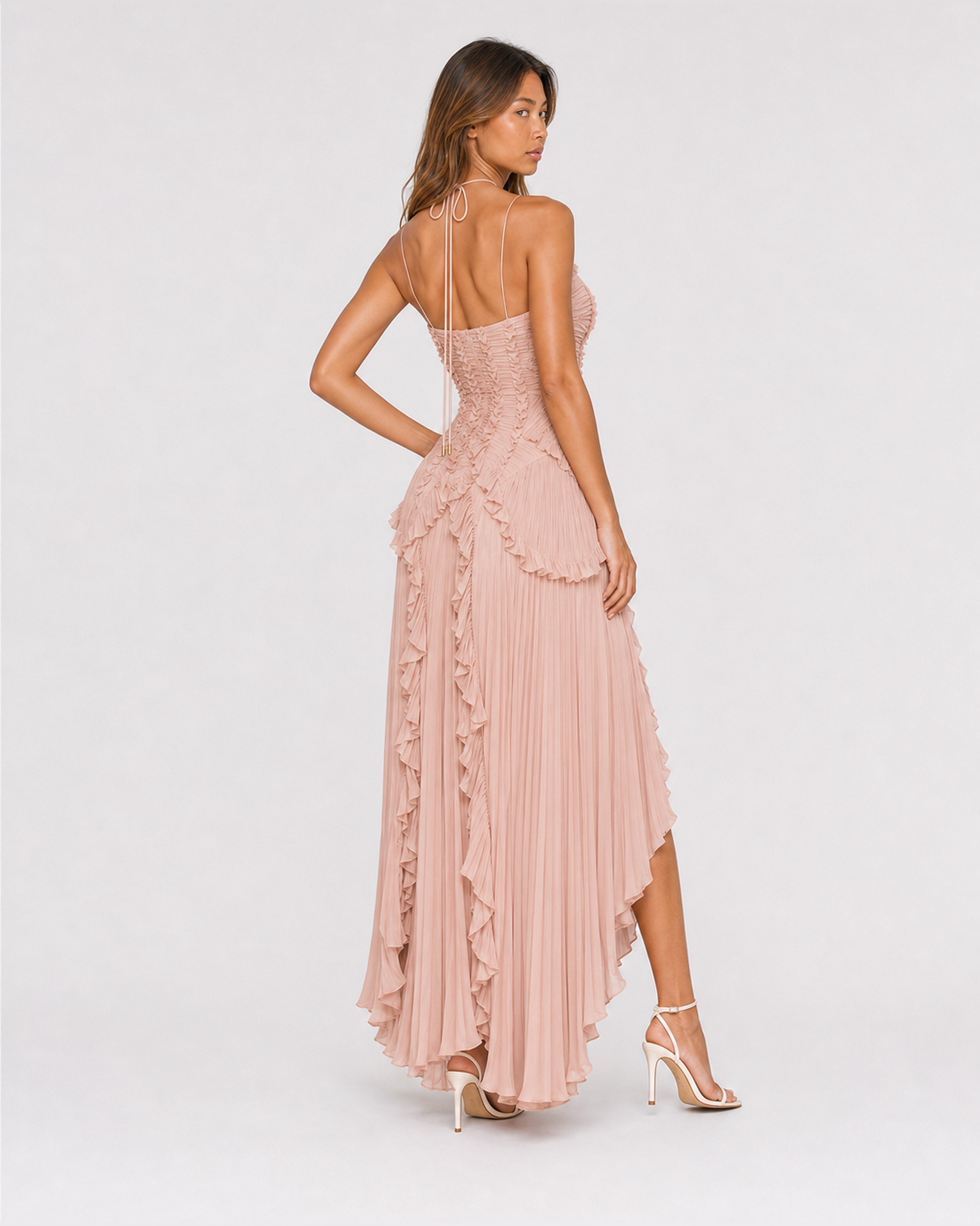 Aveline Pink maxi dress, back view over shoulder