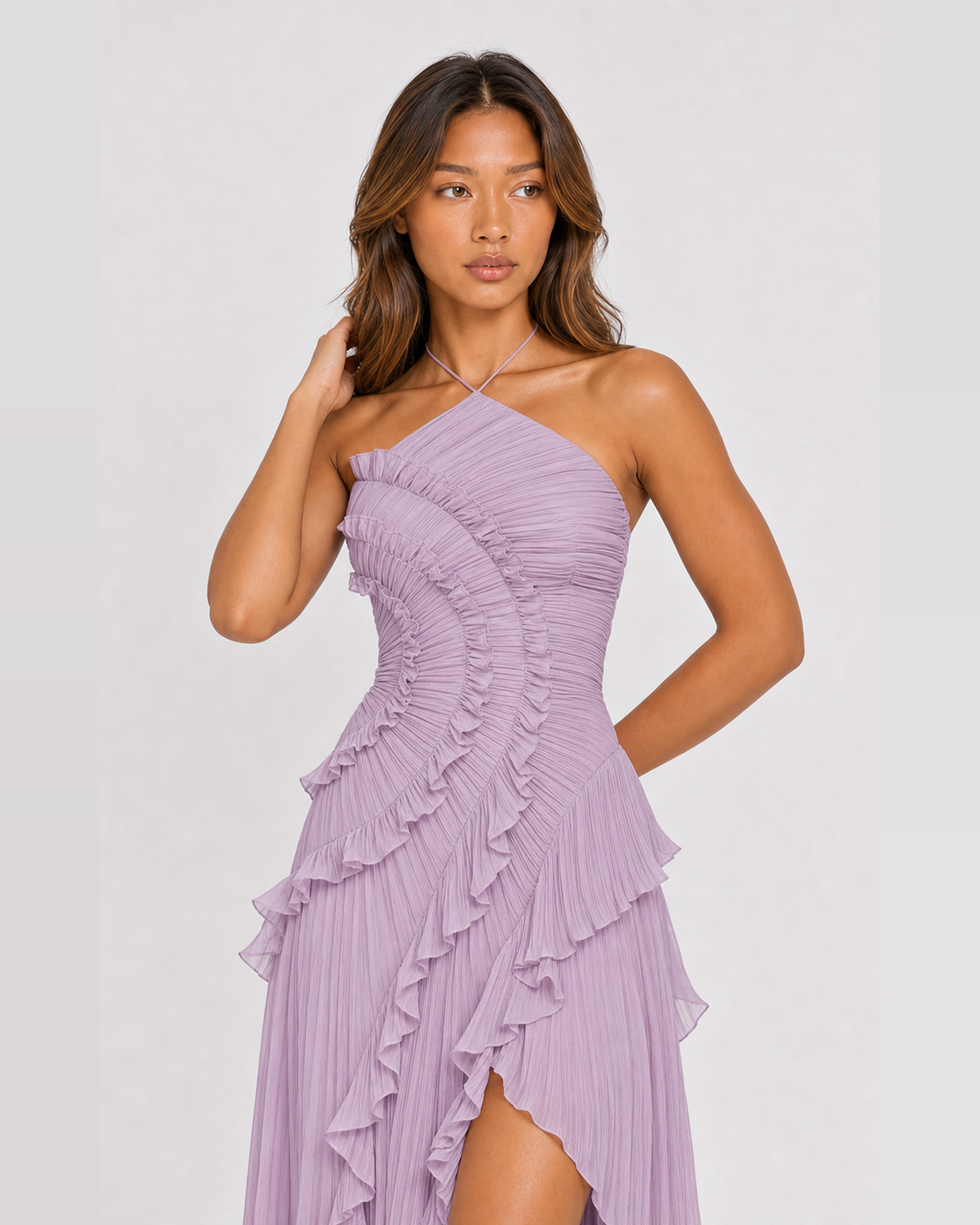 Aveline Purple maxi dress, front close-up of pleated bodice and ruffles