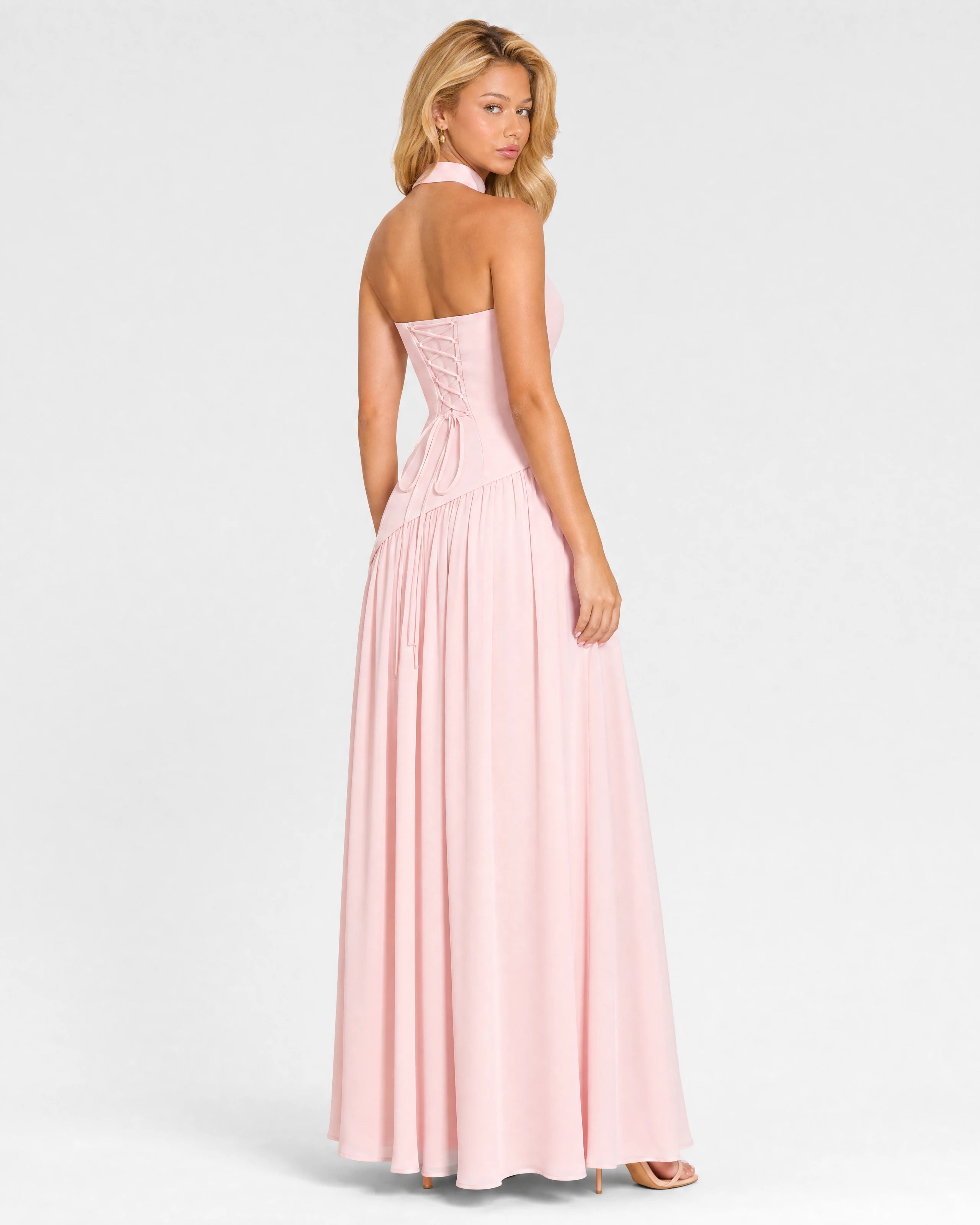 Bianca soft pink choker-neck maxi dress - back three-quarter