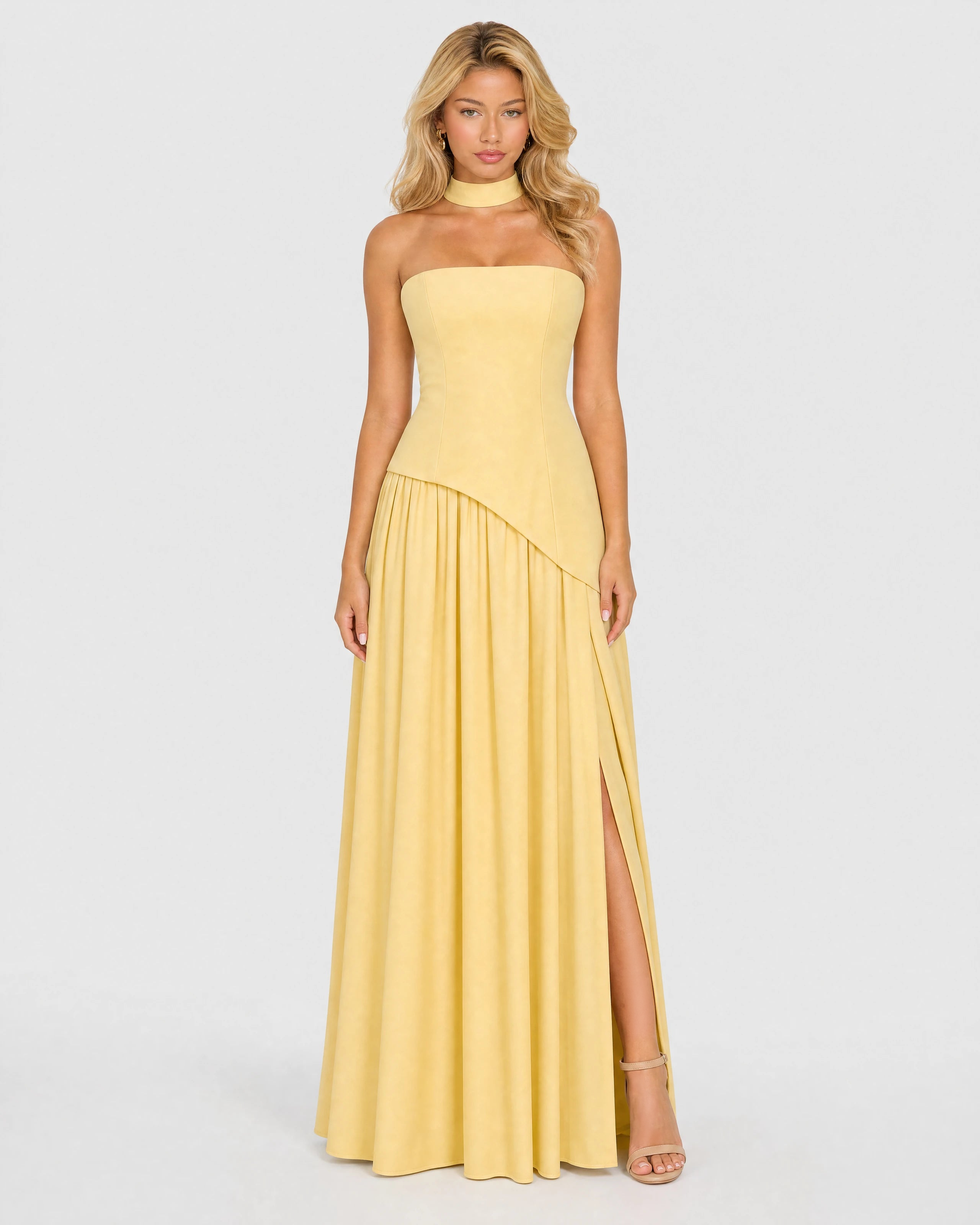 Bianca butter yellow choker-neck maxi dress - front