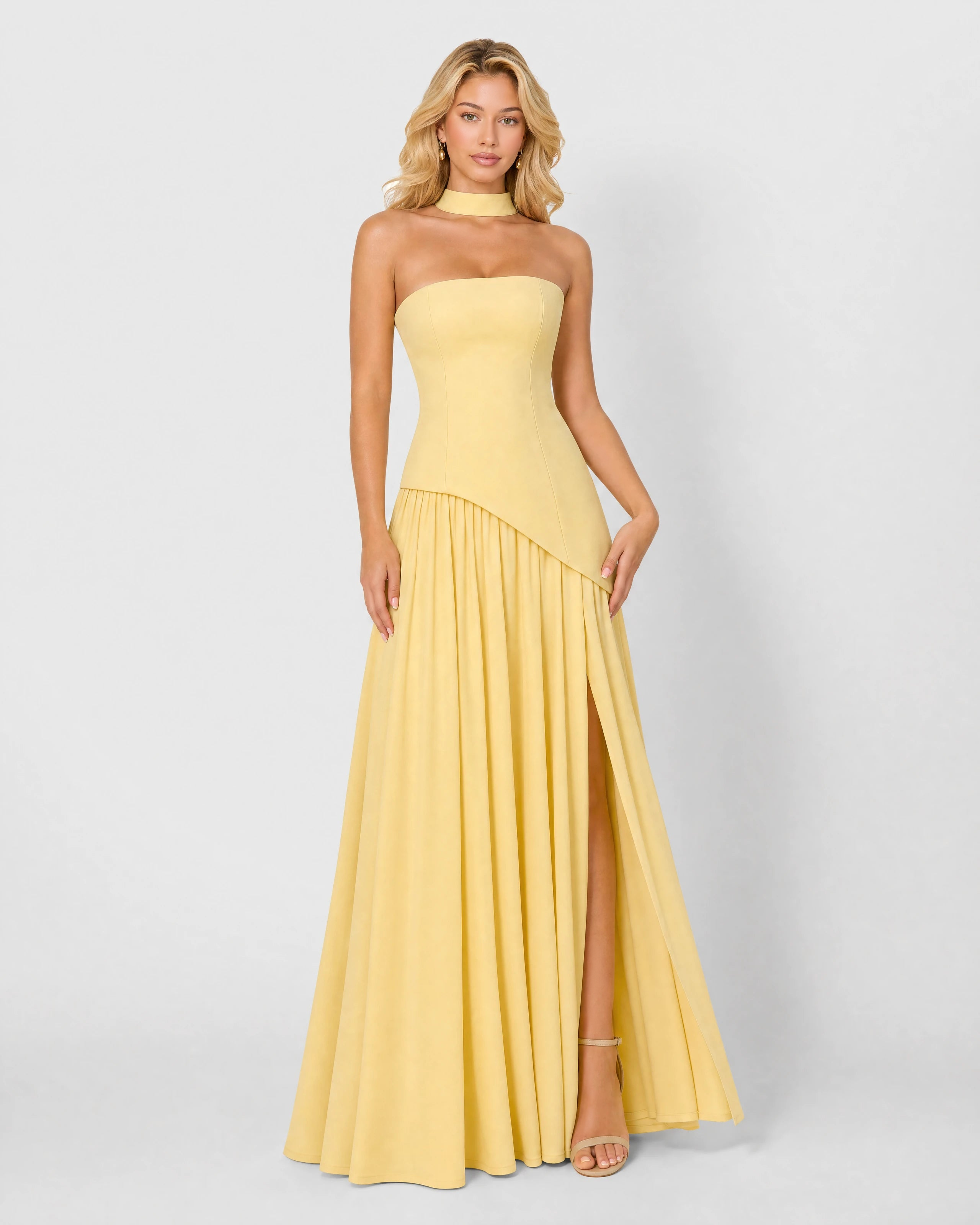 Bianca butter yellow choker-neck maxi dress - front three-quarter
