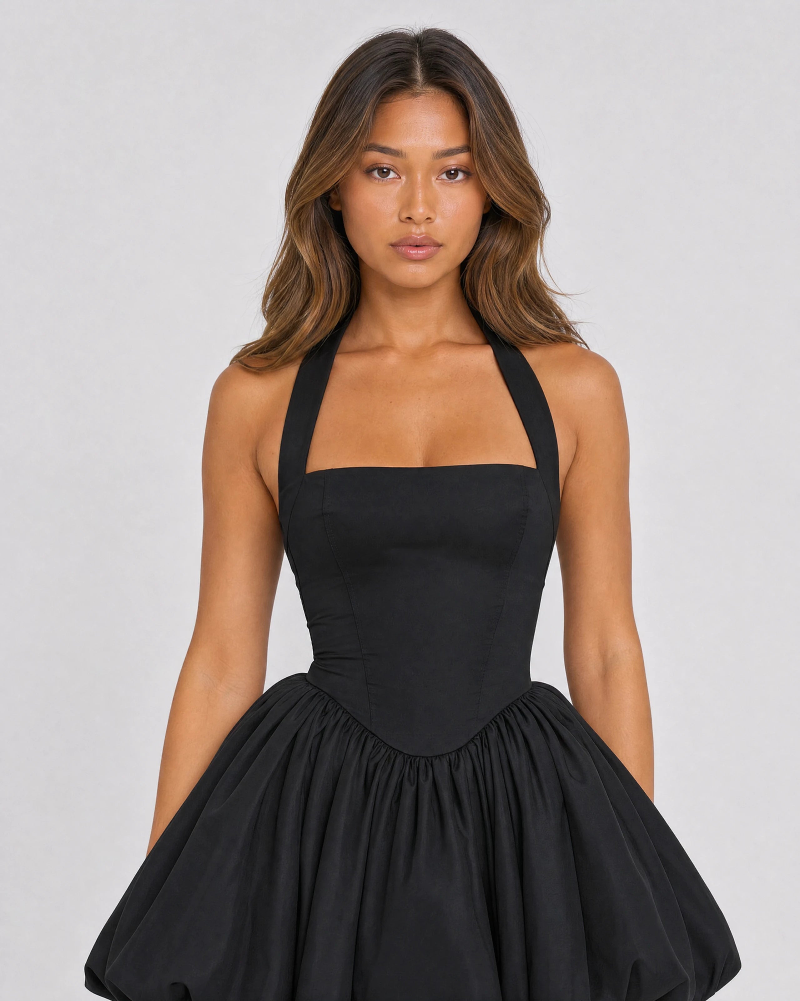 Bonnie black halterneck mini dress with puffball skirt - waist-up close-up