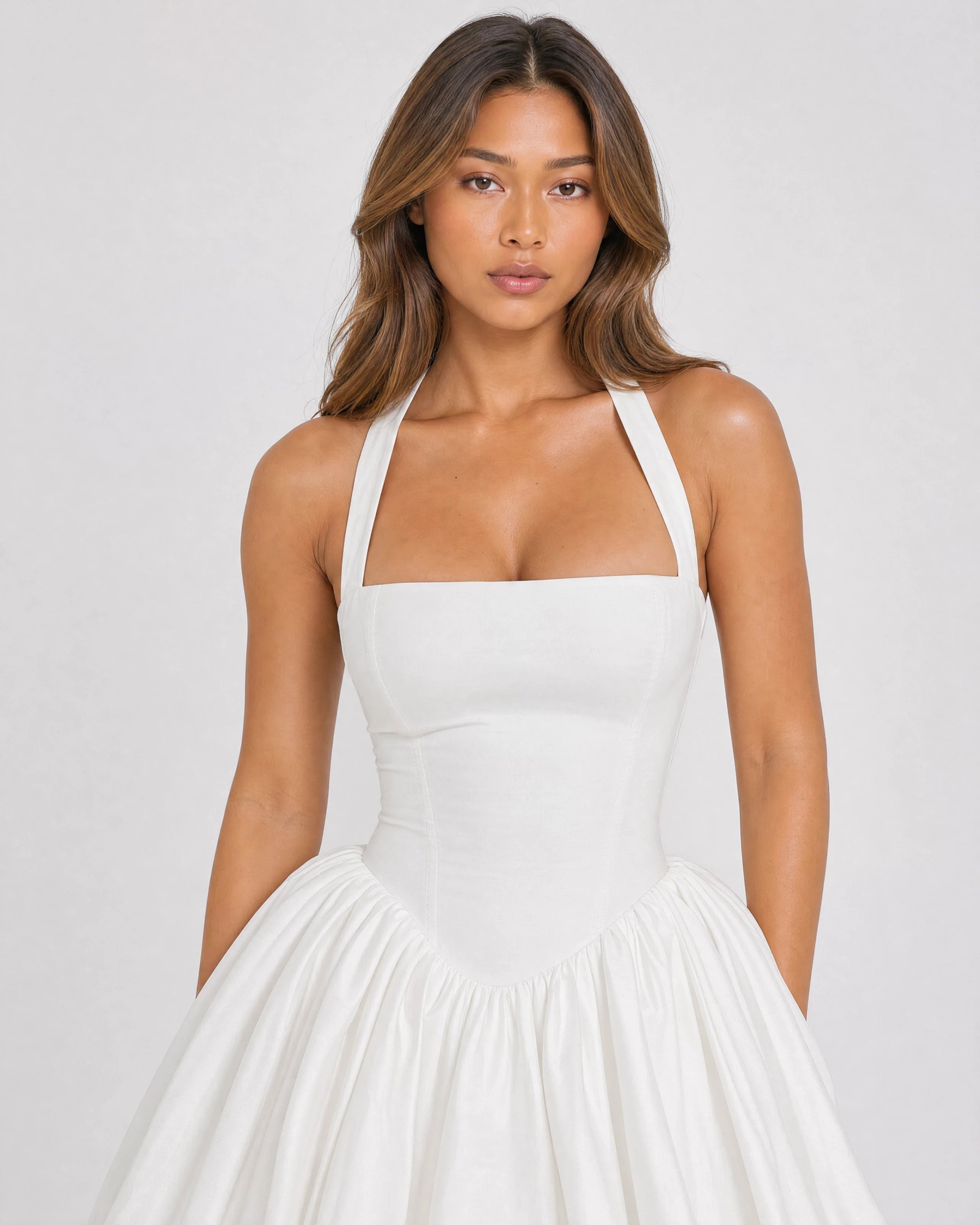 Bonnie white halterneck mini dress with puffball skirt - waist-up close-up