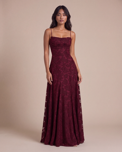 Cecily | Wine Red Cowl-Neck Floral-Appliqué Maxi Dress with Lace-Up Back