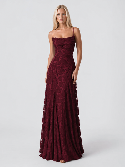 Cecily | Wine Red Cowl-Neck Floral-Appliqué Maxi Dress with Lace-Up Back