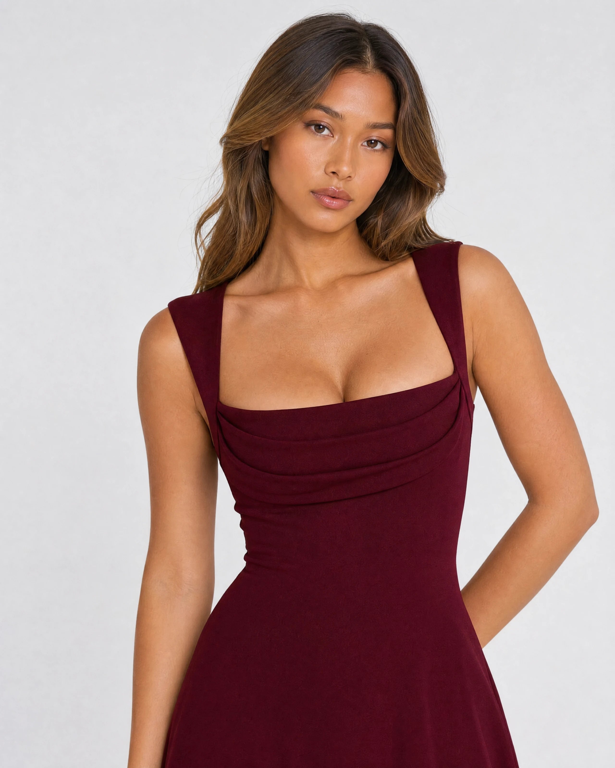 Celine square neck maxi dress in wine red, waist-up close-up