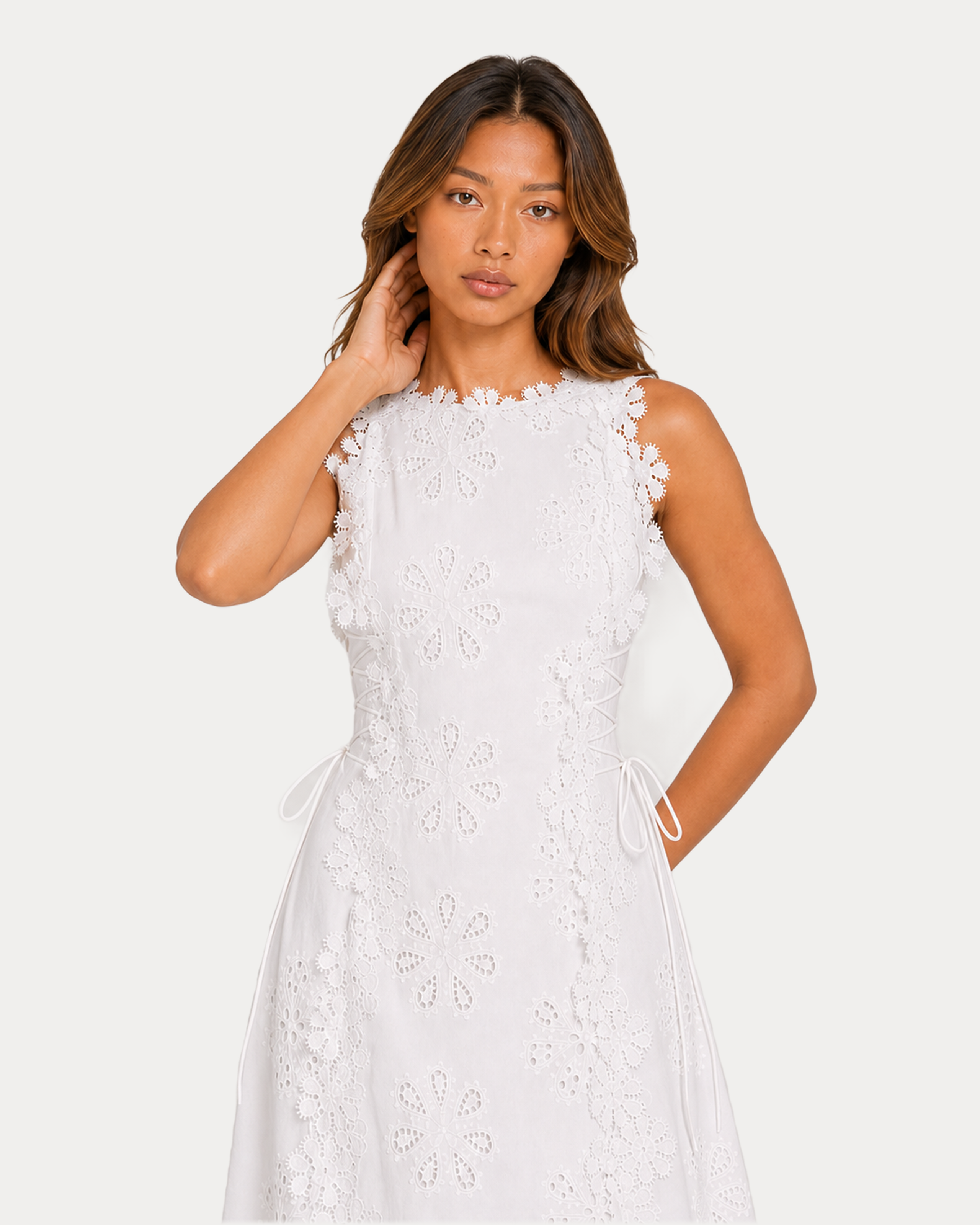 Close-up of the scalloped floral lace neckline and eyelet embroidery