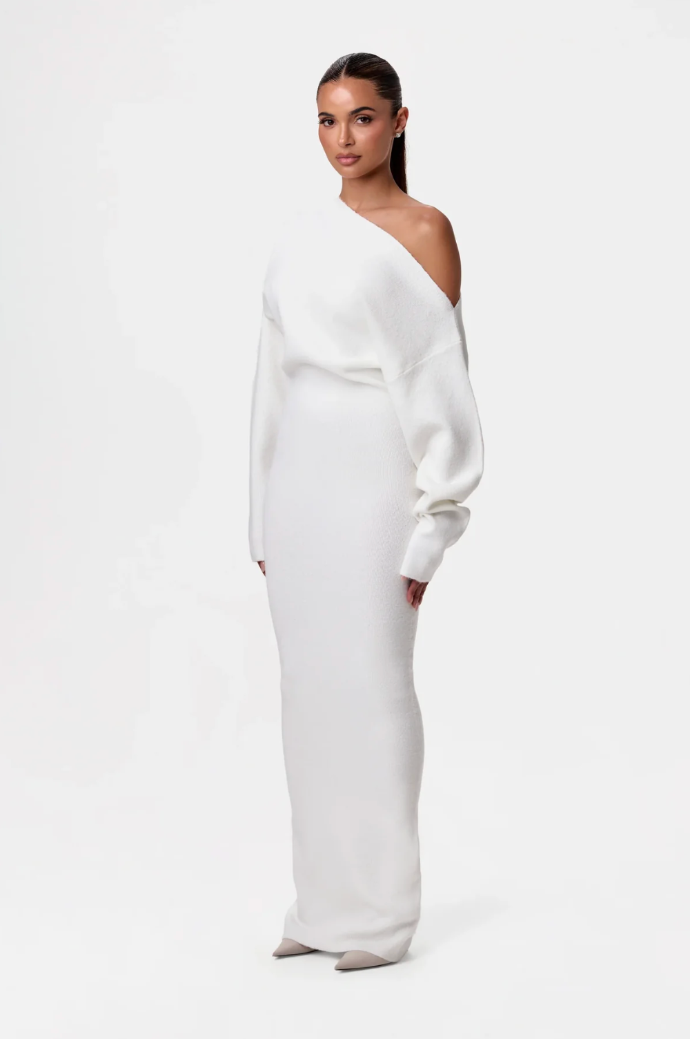 Odette | White Off-Shoulder Ribbed Knit Maxi Dress