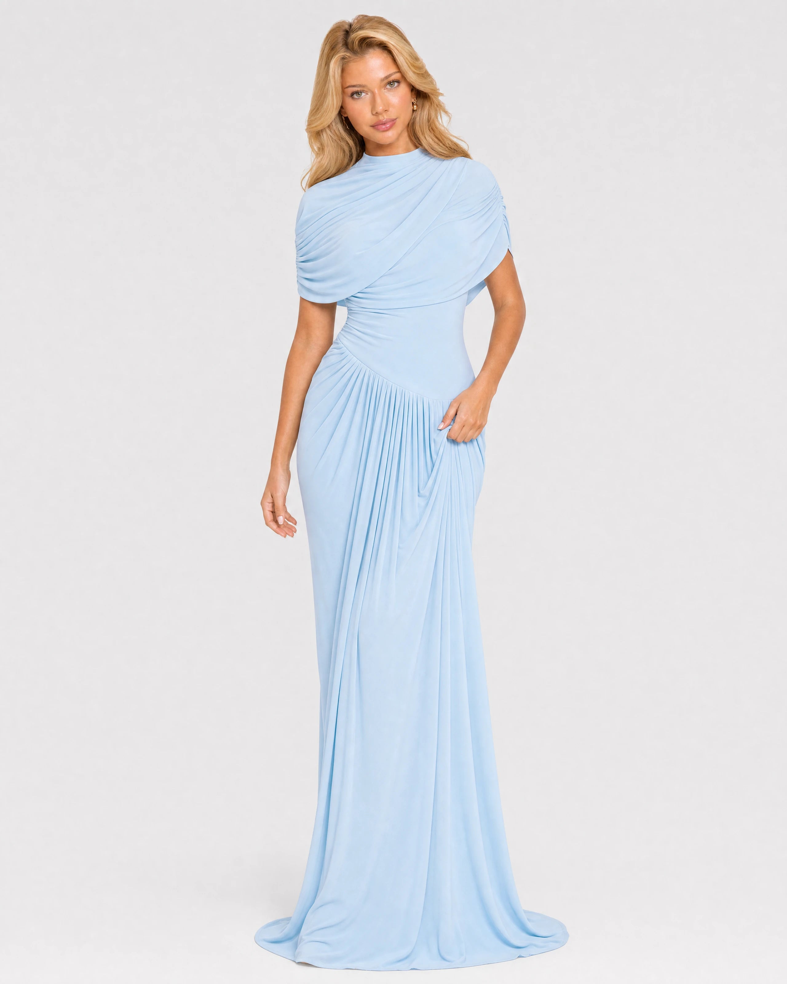 Delphine baby blue draped maxi dress - front three-quarter