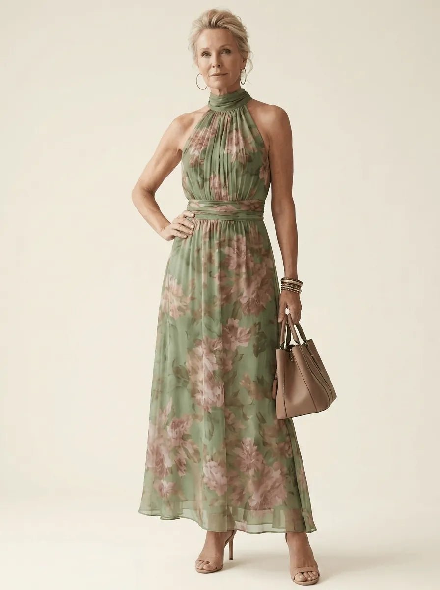 Elise | Floral Gathered Halter Dress - Tillybelle