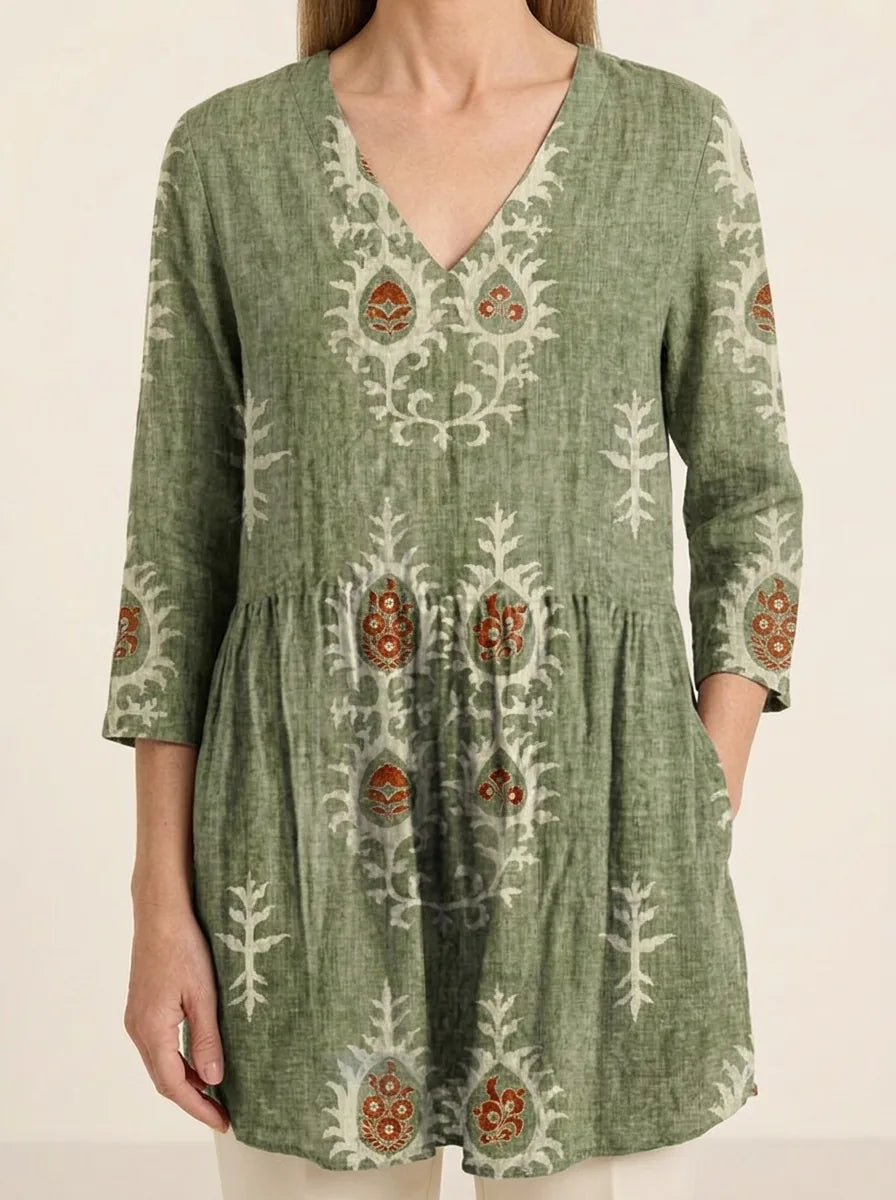 Elise | Long Blouse with V-Neck - Green - Tillybelle