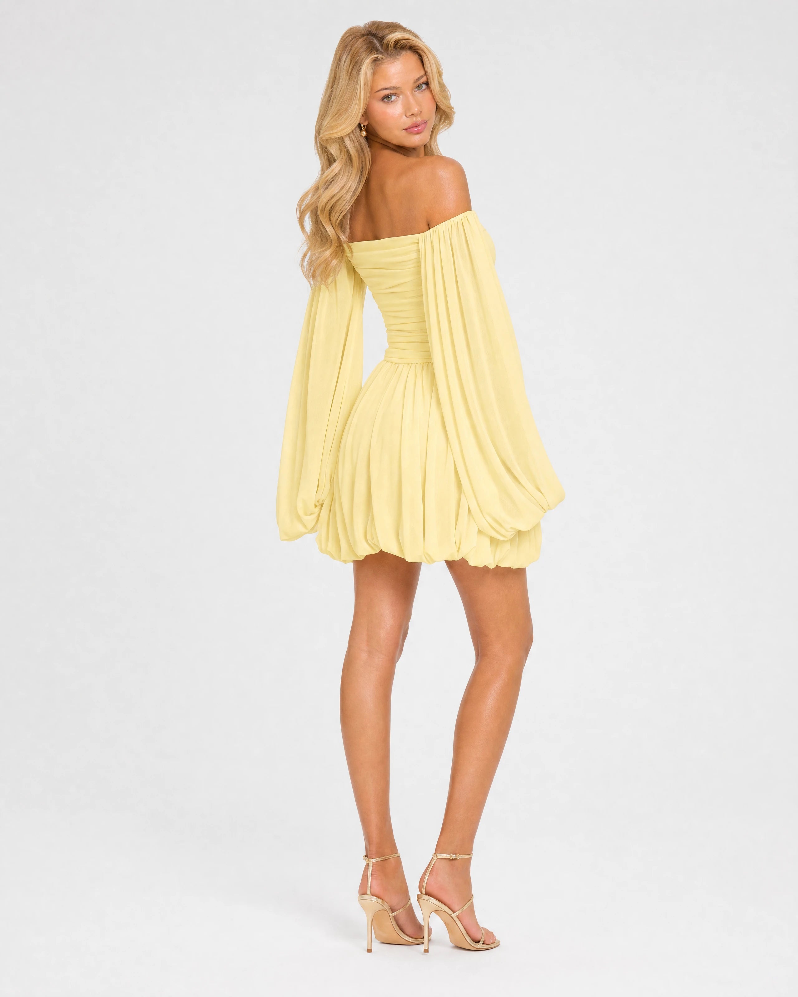Eloise butter yellow off-shoulder draped mini dress - front