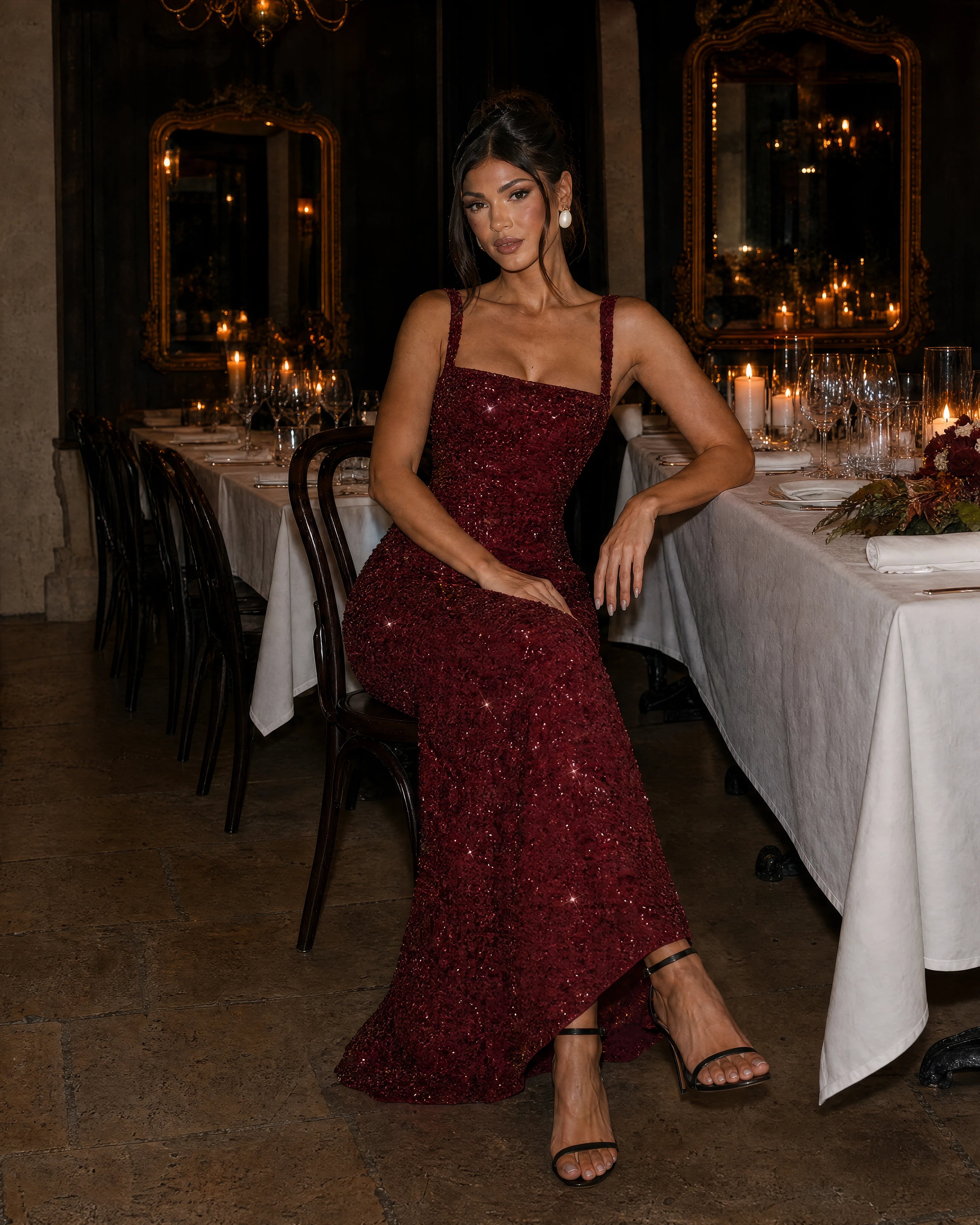 Estelle cherry red sequin column maxi dress - lifestyle 3