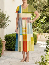 Eve | Geometric Colour-Block Midi Dress - Multicolor - Tillybelle