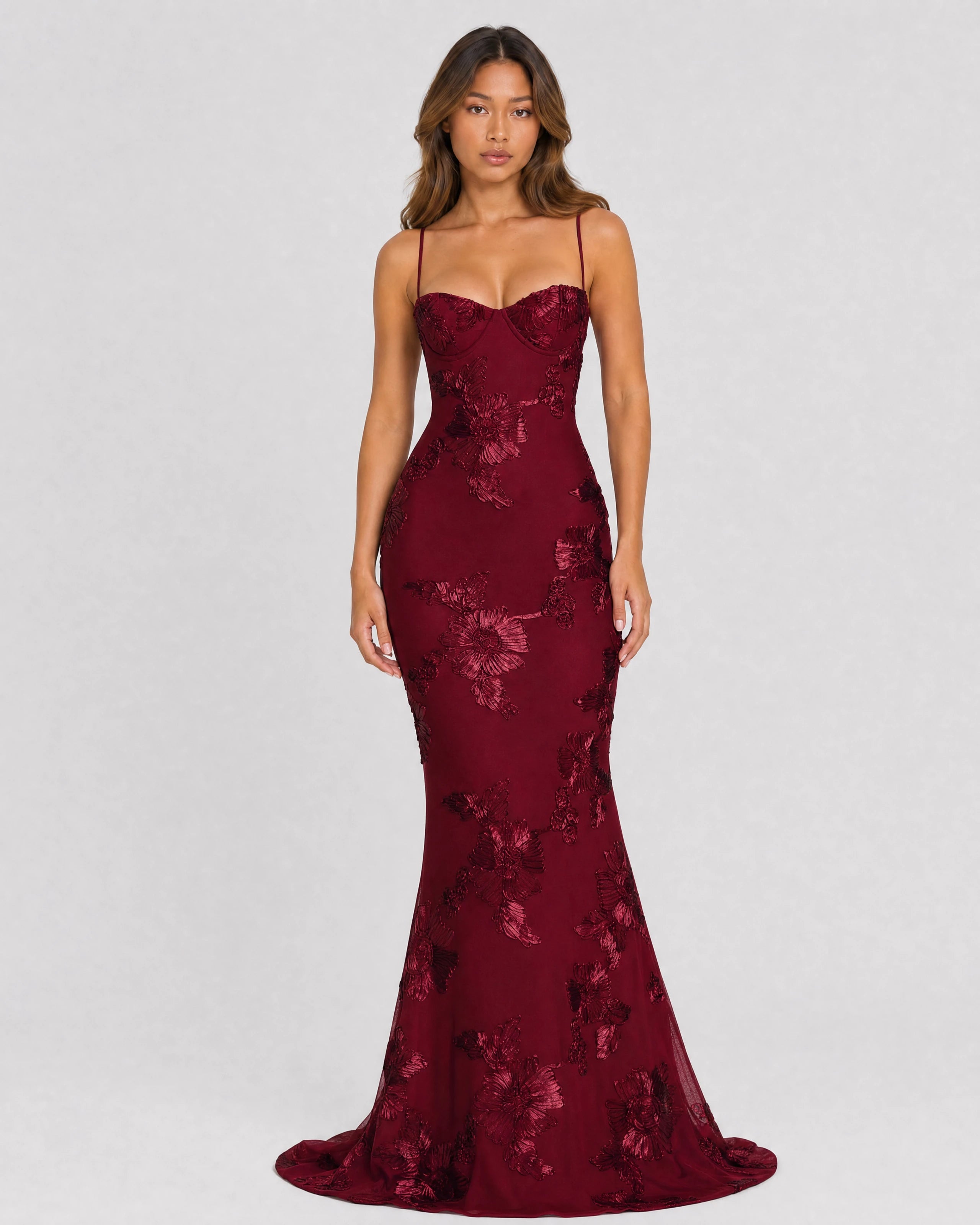 Flora embroidered floral mermaid gown in burgundy, front studio