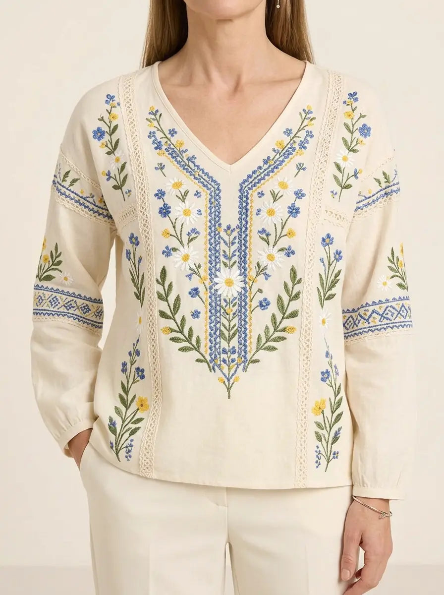 Florence | Embroidered Floral Cotton-Linen Top - Cream - Tillybelle