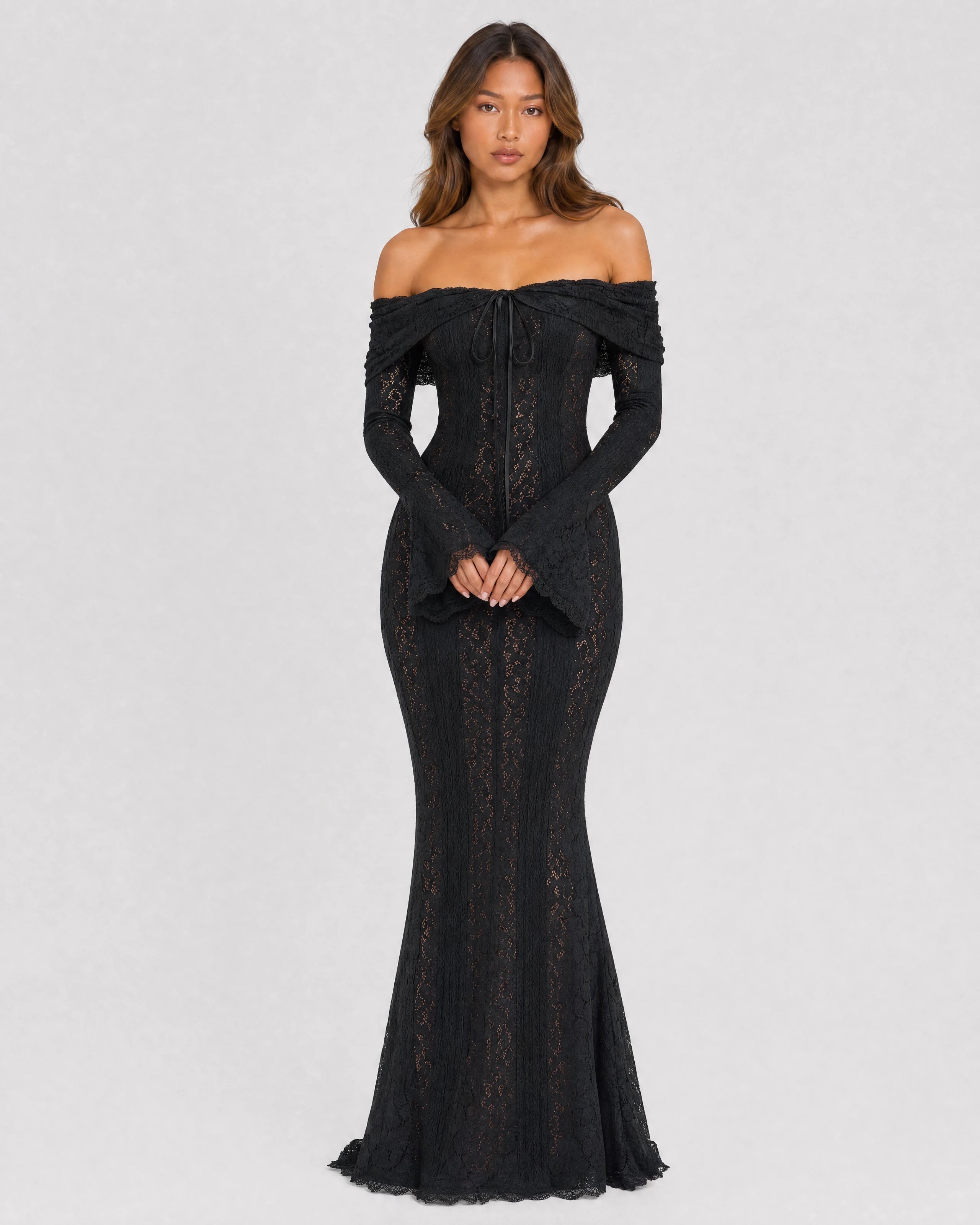 Genevieve off-shoulder lace maxi gown in black, front studio