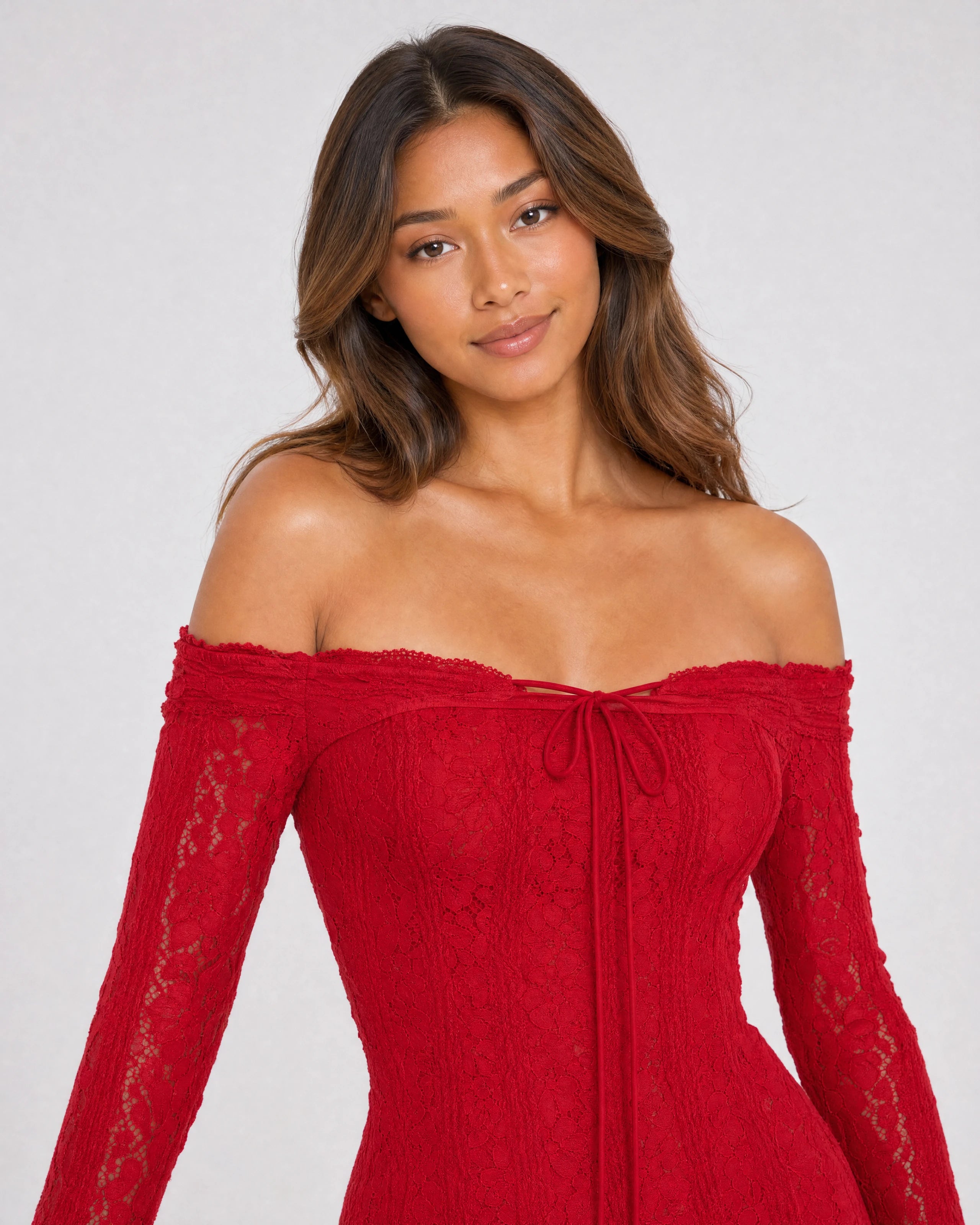 Genevieve off-shoulder lace maxi gown in red, bodice close-up