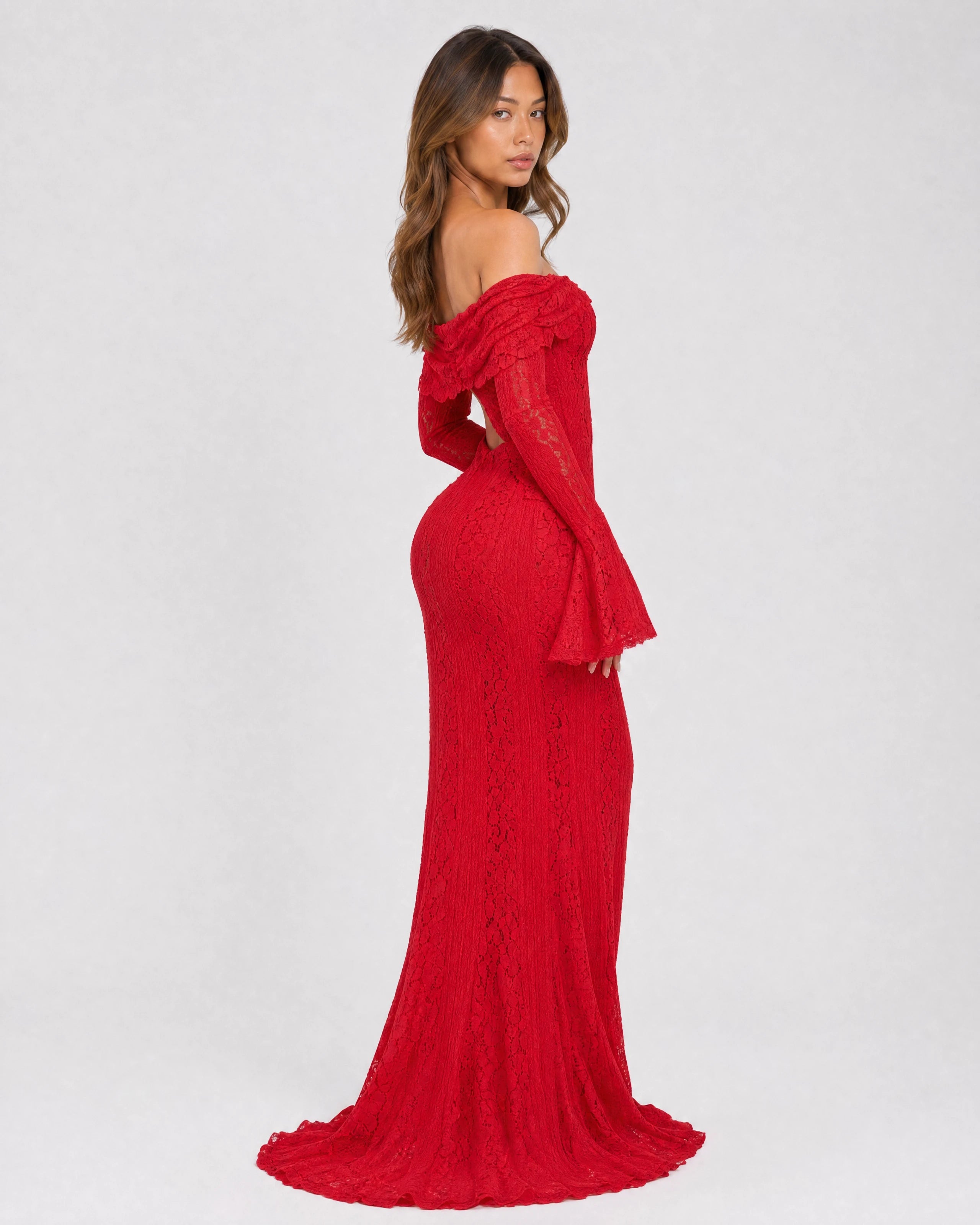 Genevieve off-shoulder lace maxi gown in red, three-quarter back