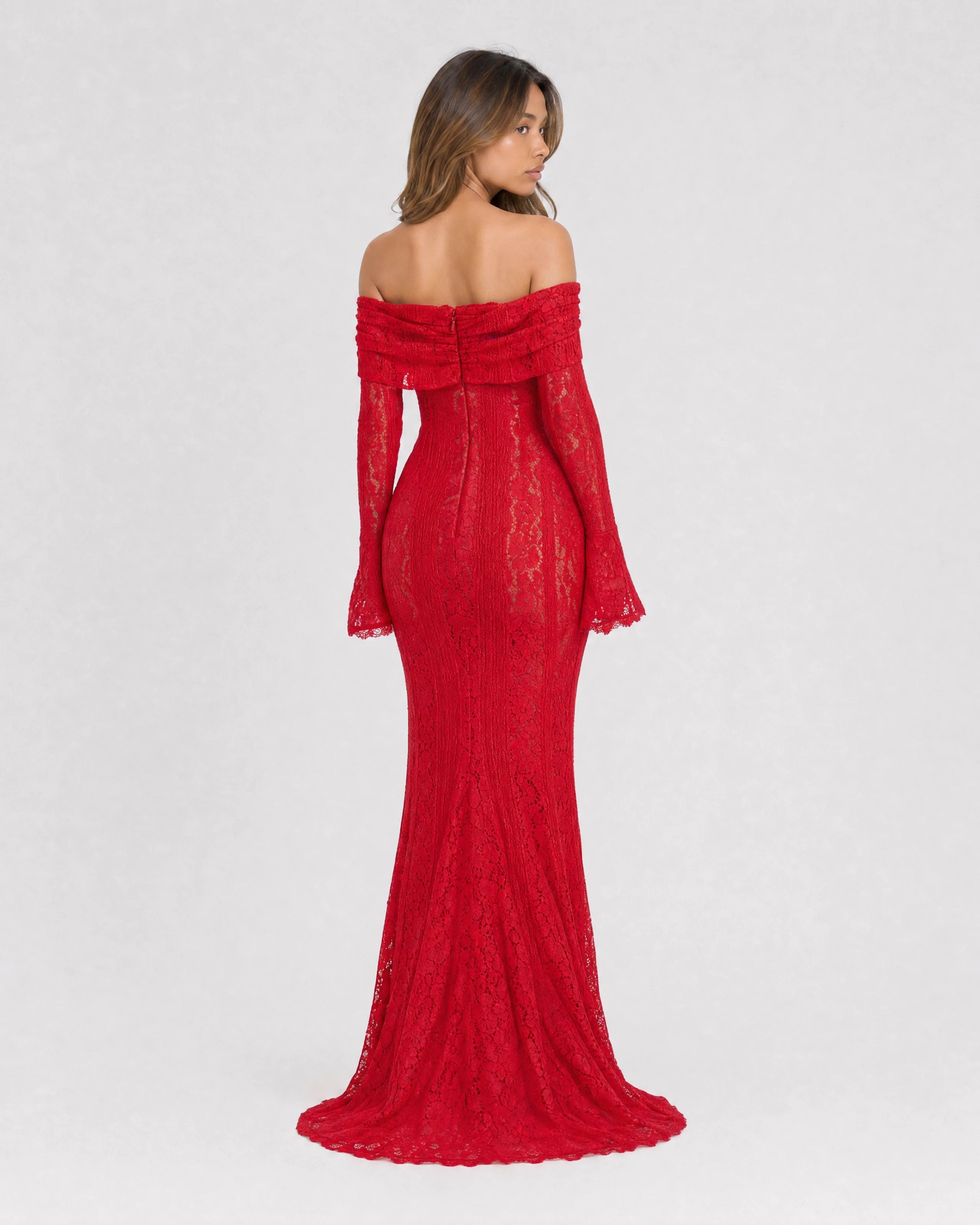 Genevieve off-shoulder lace maxi gown in red, back view
