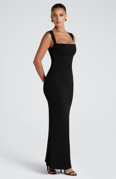 Celine | Black Square Neck Maxi Dress with Pleated Bust