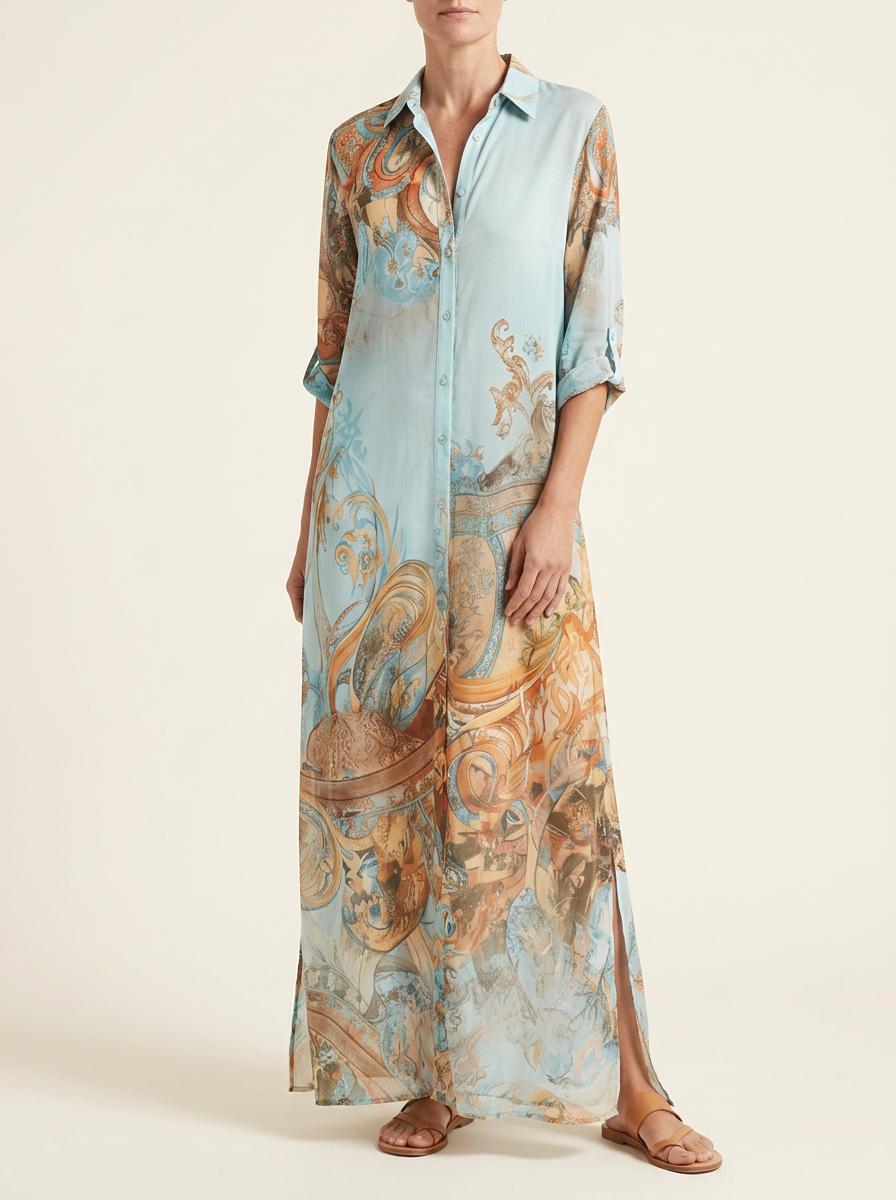 Saskia Baroque Print Maxi Dress in Blue, front