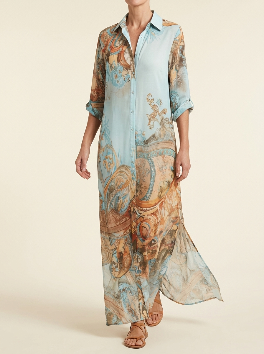 Saskia Baroque Print Maxi Dress in Blue, walking