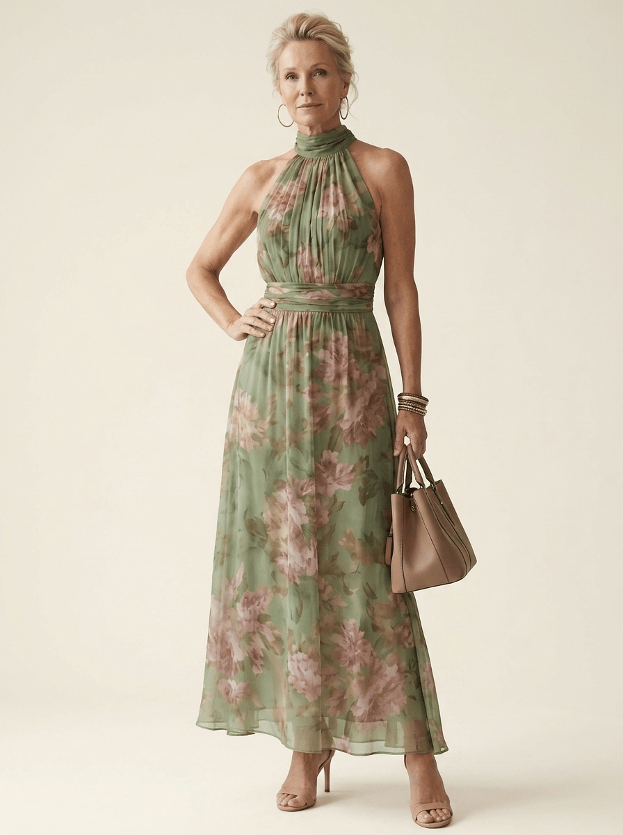 Elise | Floral Gathered Halter Dress - Tillybelle